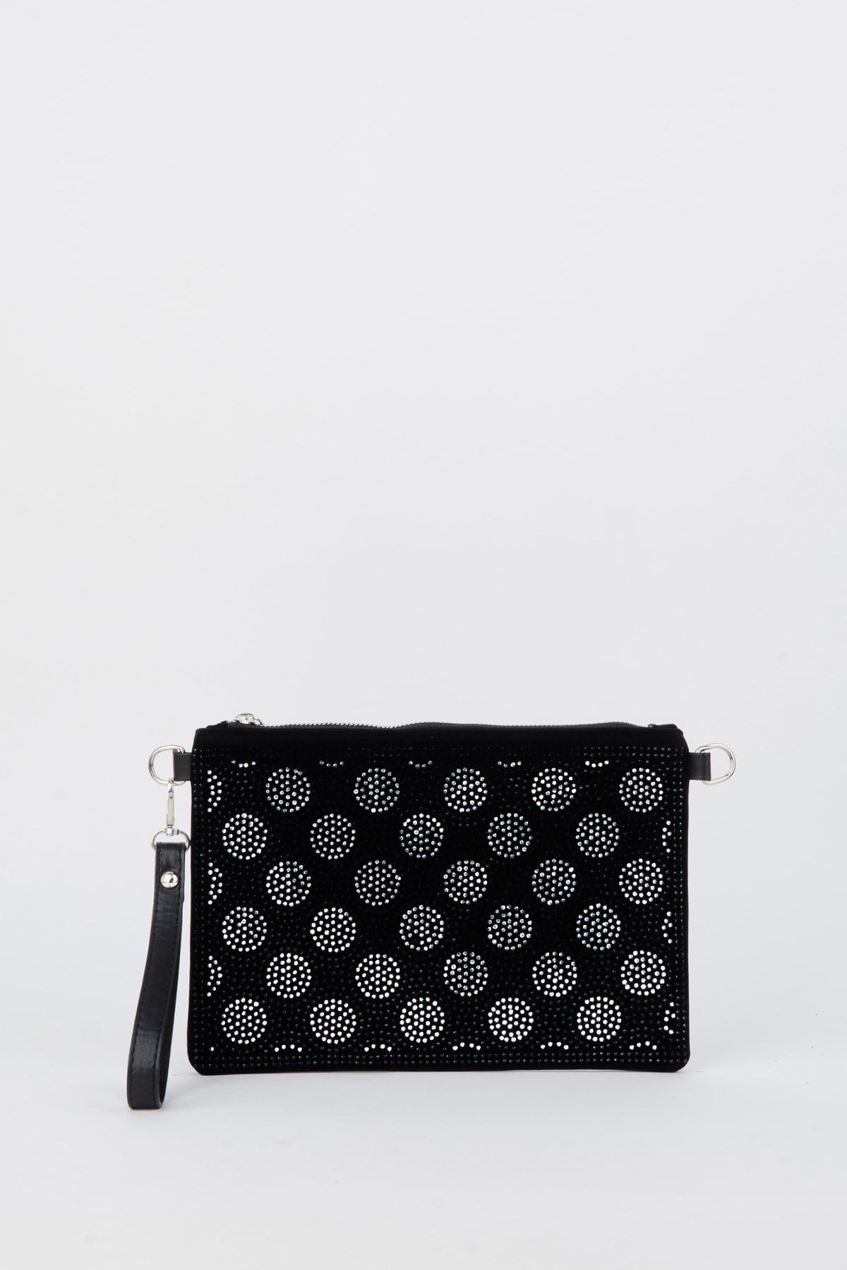 Kadın Puantiyeli Gümüş Taşlı Süet Bilek Askılı Ve Zincir Askılı Portföy Ve Clutch Çanta