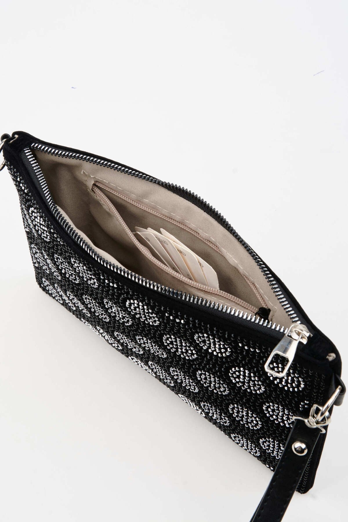 Kadın Puantiyeli Gümüş Taşlı Süet Bilek Askılı Ve Zincir Askılı Portföy Ve Clutch Çanta