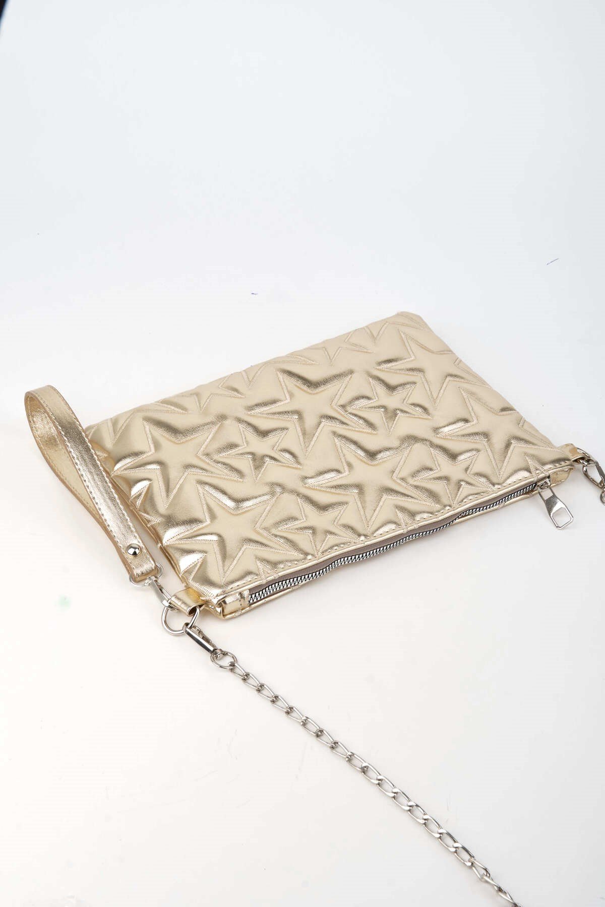 Kadın Sarı Yıldız Nakışlı Rugan Deri Bilek Ve Zincir Askılı Portföy El Ve Clutch Çanta