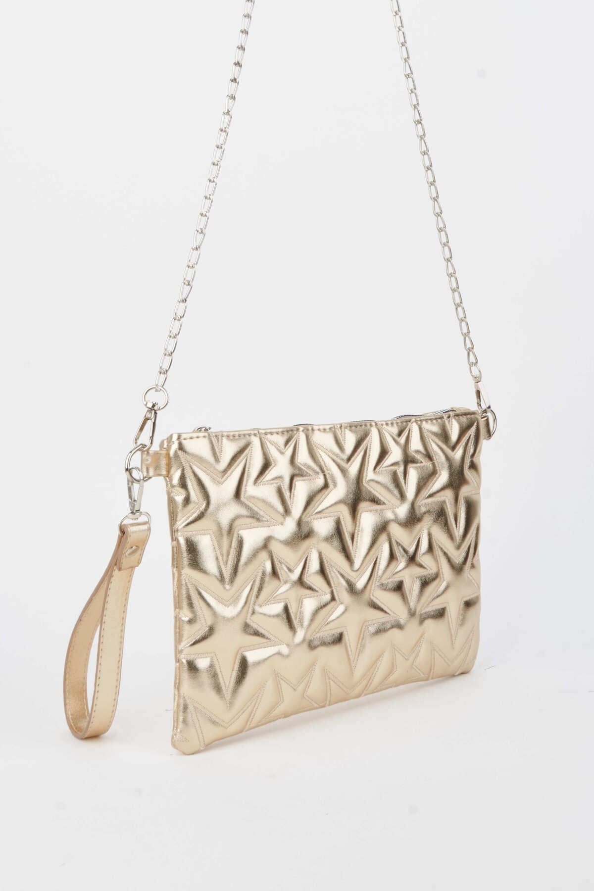 Kadın Sarı Yıldız Nakışlı Rugan Deri Bilek Ve Zincir Askılı Portföy El Ve Clutch Çanta