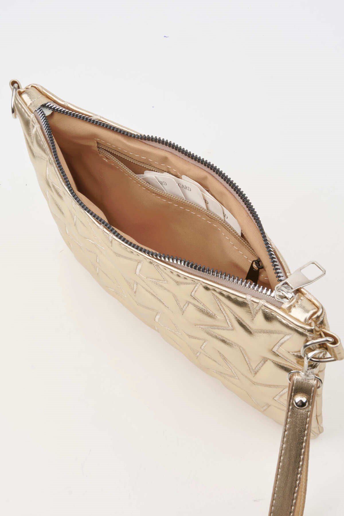Kadın Sarı Yıldız Nakışlı Rugan Deri Bilek Ve Zincir Askılı Portföy El Ve Clutch Çanta