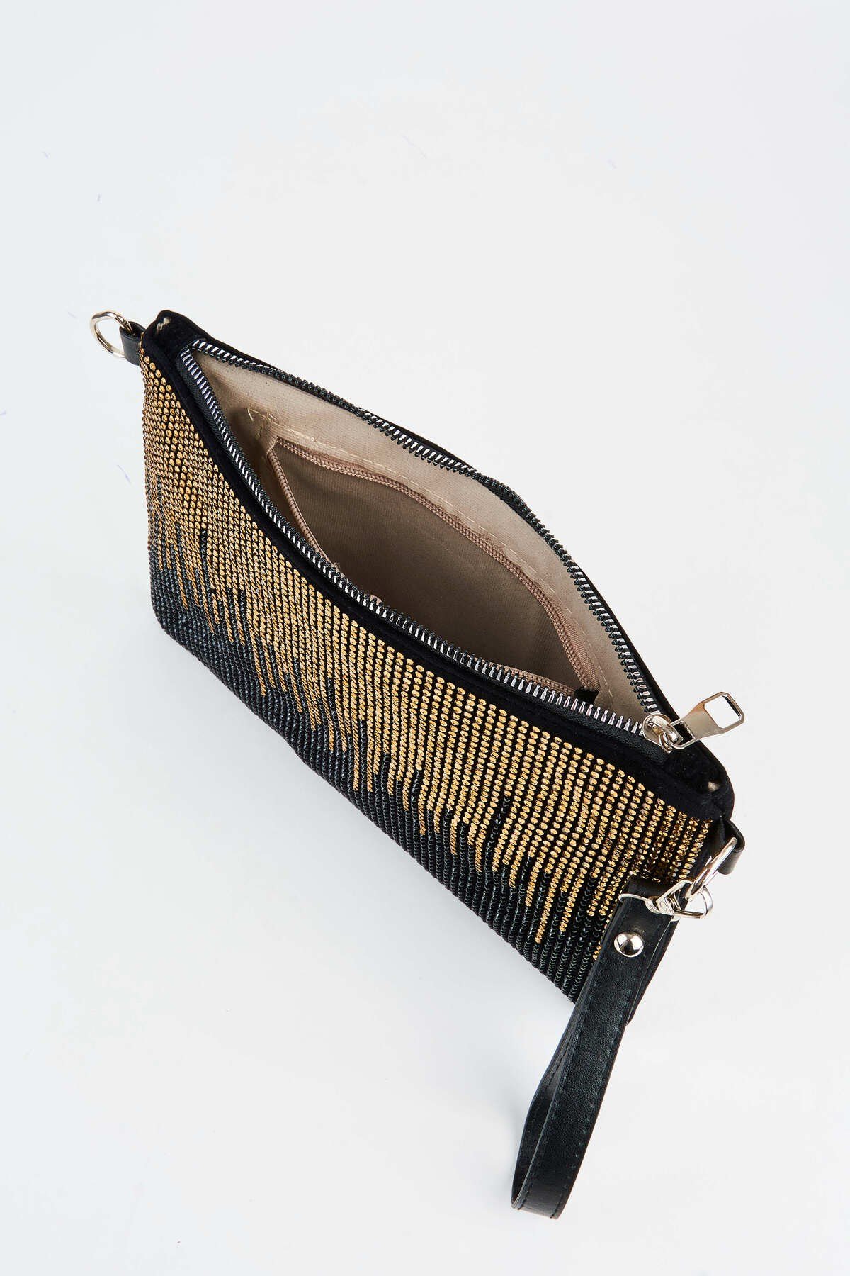 Kadın Şehir Silüeti Gold Taşlı Süet Bilek Askılı Ve Zincir Askılı Portföy El Ve Clutch Çanta