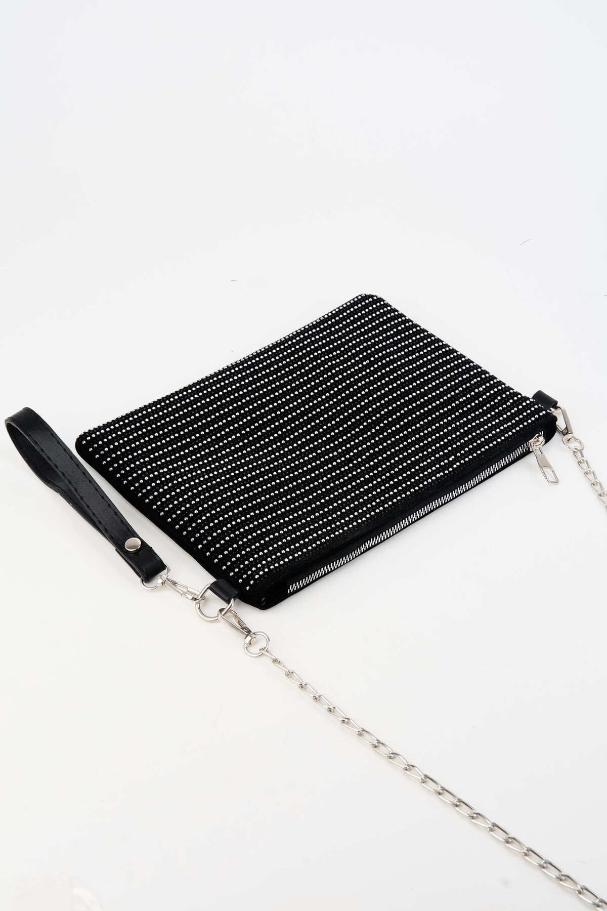 Kadın Sıralı Gümüş Taşlı Süet Bilek Askılı Ve Zincir Askılı Portföy El Ve Clutch Çanta