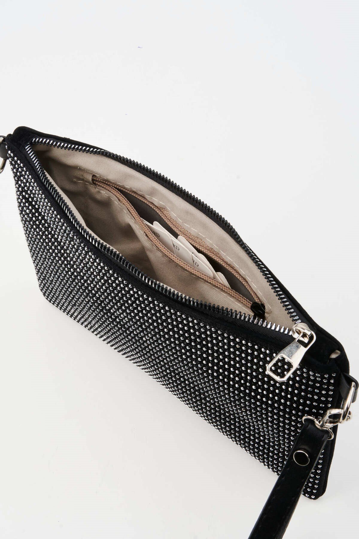 Kadın Sıralı Gümüş Taşlı Süet Bilek Askılı Ve Zincir Askılı Portföy El Ve Clutch Çanta