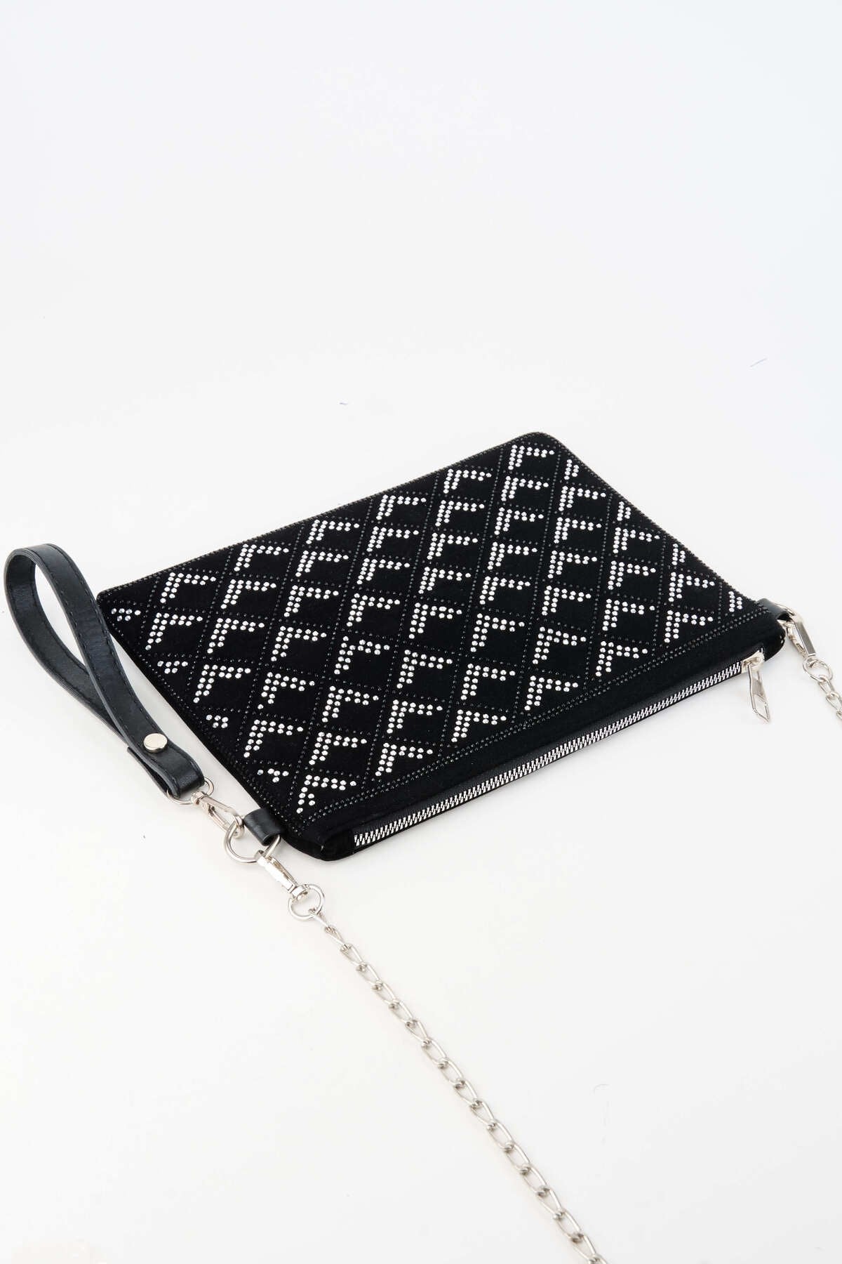 Kadın Sıralı V Gümüş Taşlı Süet Bilek Askılı Ve Zincir Askılı Portföy Ve Clutch Çanta