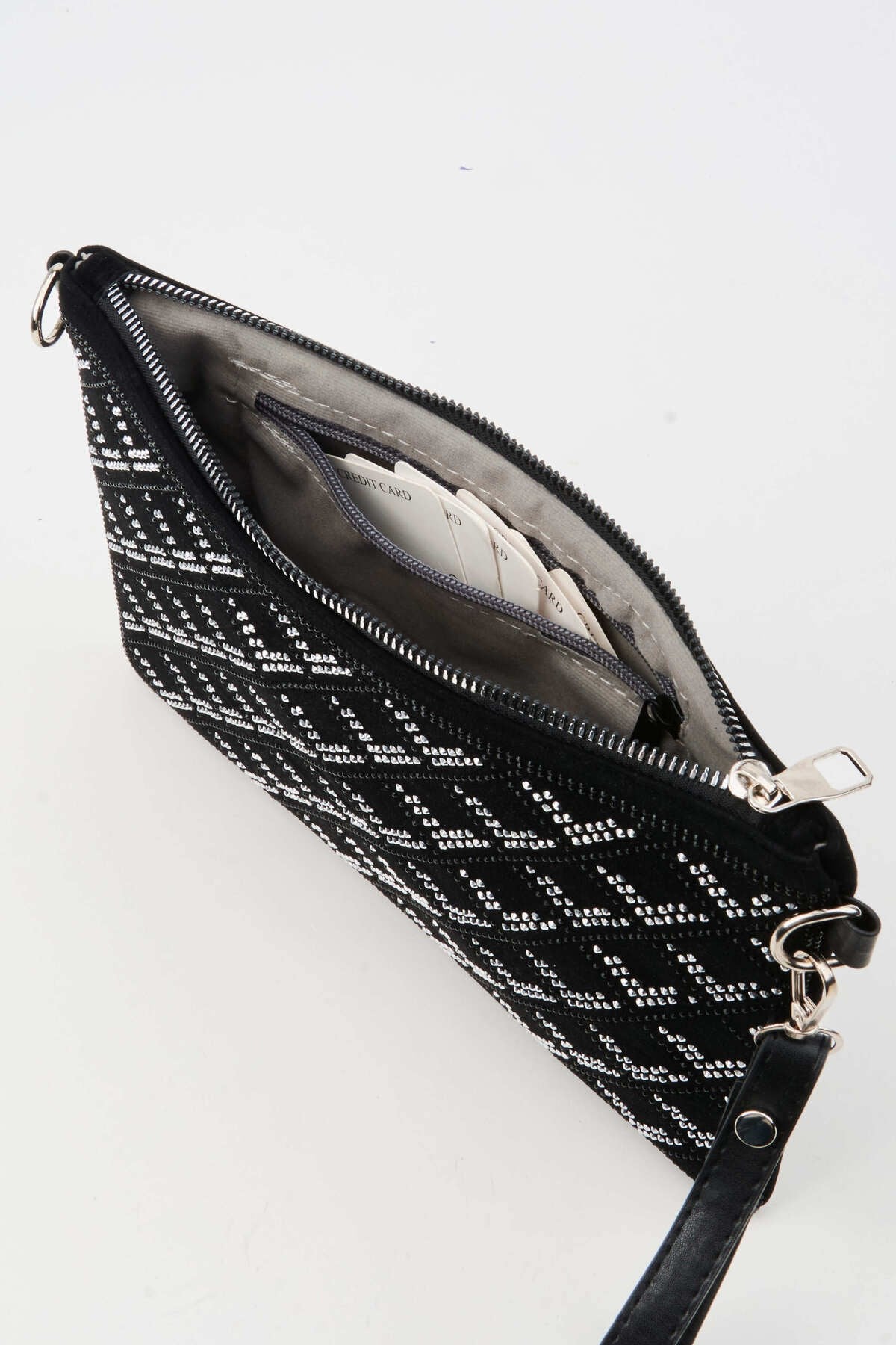 Kadın Sıralı V Gümüş Taşlı Süet Bilek Askılı Ve Zincir Askılı Portföy Ve Clutch Çanta