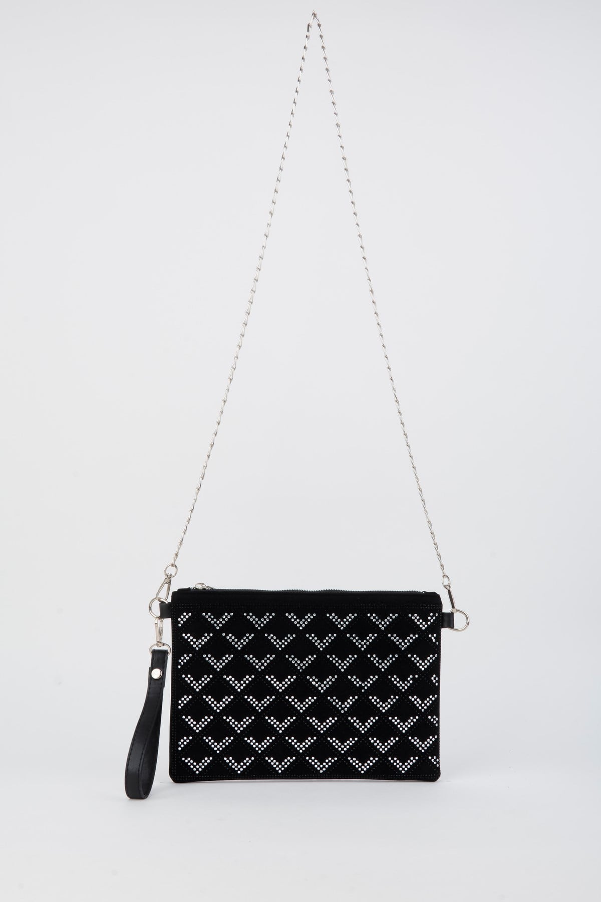 Kadın Sıralı V Gümüş Taşlı Süet Bilek Askılı Ve Zincir Askılı Portföy Ve Clutch Çanta