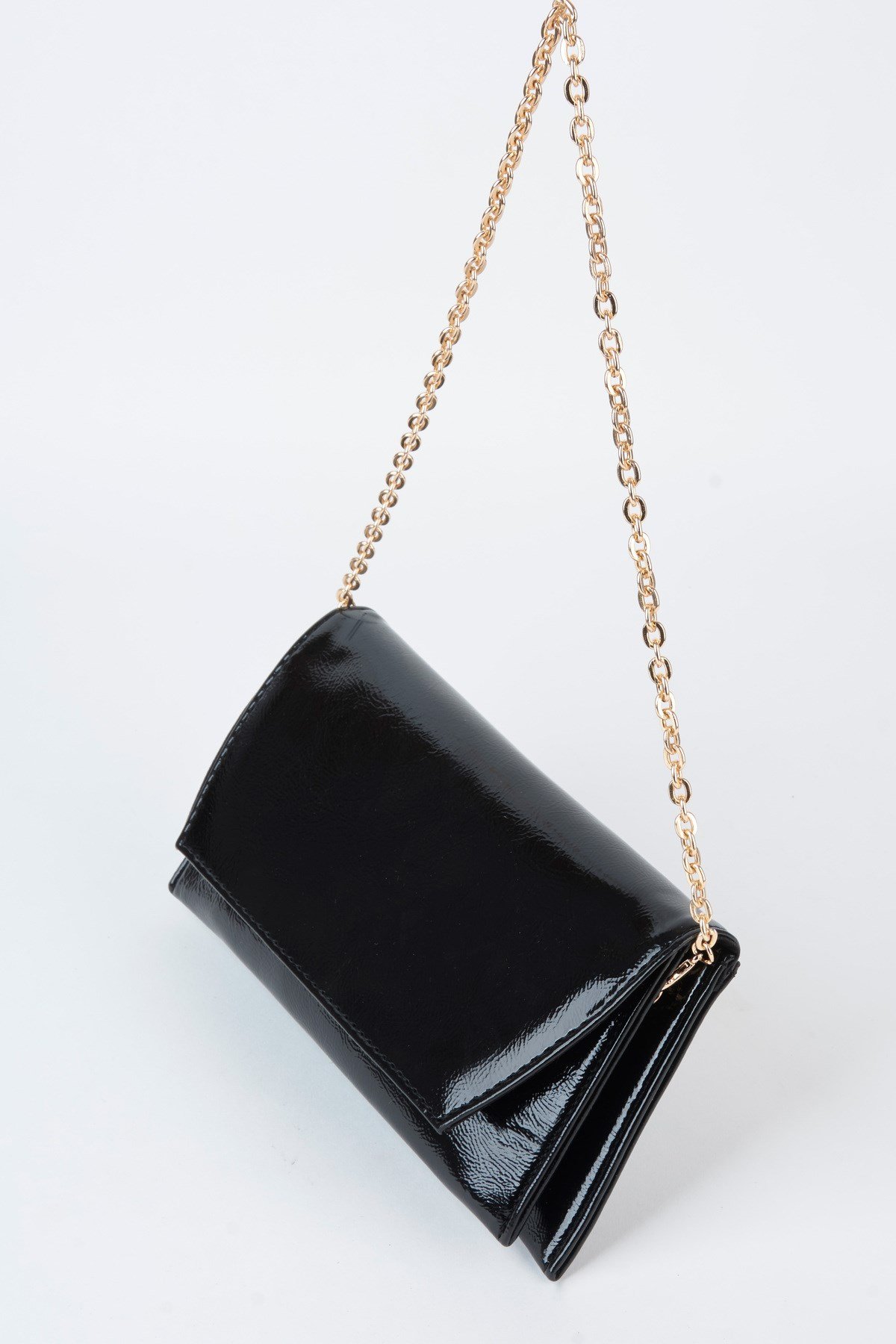 Kadın Siyah Rugan Zarf Tasarım 2 Bölmeli Mini Zincir Askılı Çıt Çıt Kapama Clutch Ve El Çantası