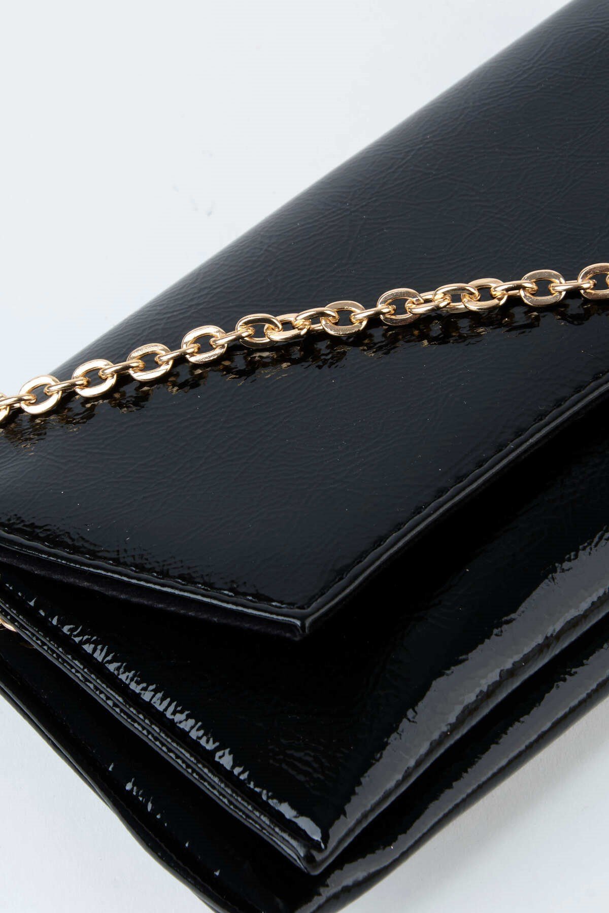 Kadın Siyah Rugan Zarf Tasarım 2 Bölmeli Mini Zincir Askılı Çıt Çıt Kapama Clutch Ve El Çantası
