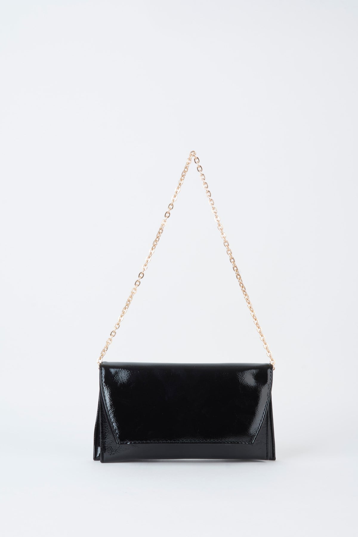 Kadın Siyah Rugan Zarf Tasarım 2 Bölmeli Mini Zincir Askılı Çıt Çıt Kapama Clutch Ve El Çantası