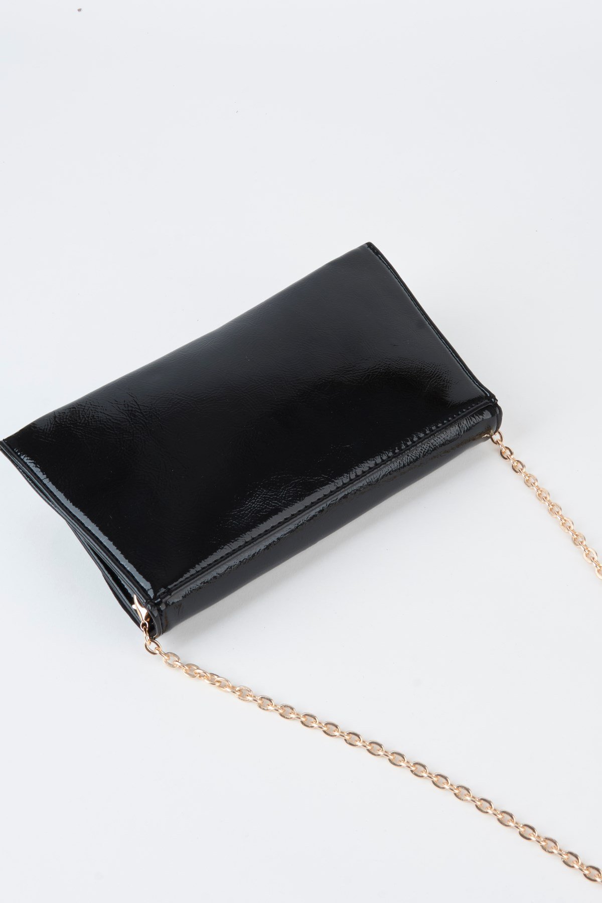 Kadın Siyah Rugan Zarf Tasarım 2 Bölmeli Mini Zincir Askılı Çıt Çıt Kapama Clutch Ve El Çantası