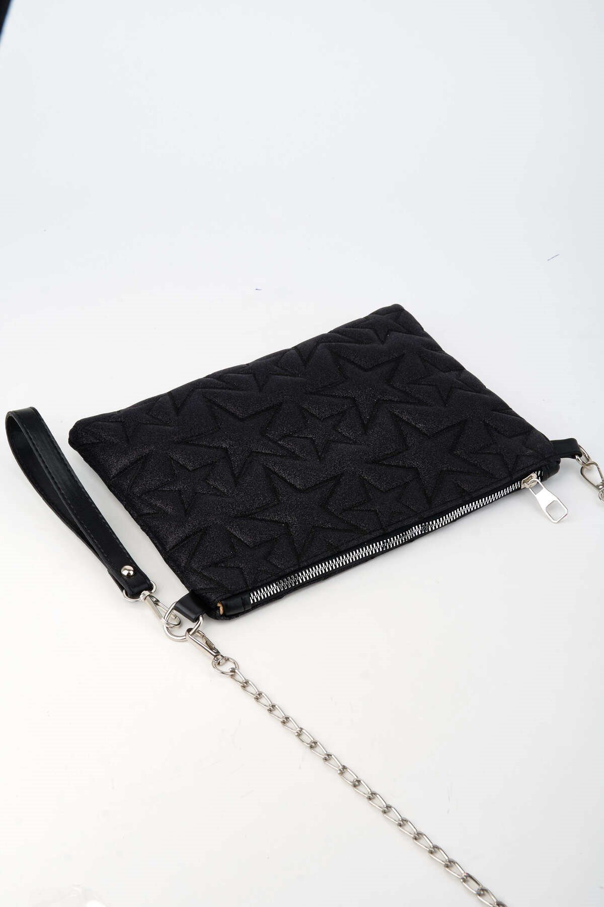 Kadın Siyah Simli Yıldız Nakışlı Suni Deri Bilek Ve Zincir Askılı Portföy El Ve Clutch Çanta