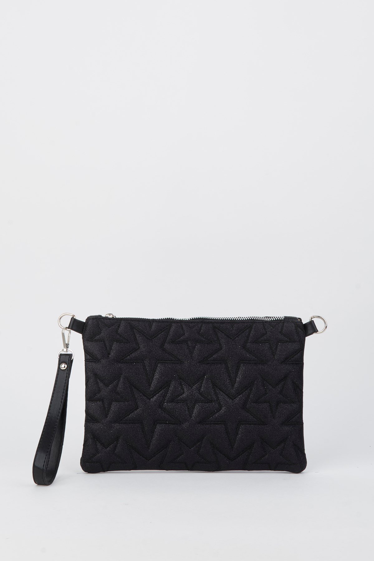 Kadın Siyah Simli Yıldız Nakışlı Suni Deri Bilek Ve Zincir Askılı Portföy El Ve Clutch Çanta