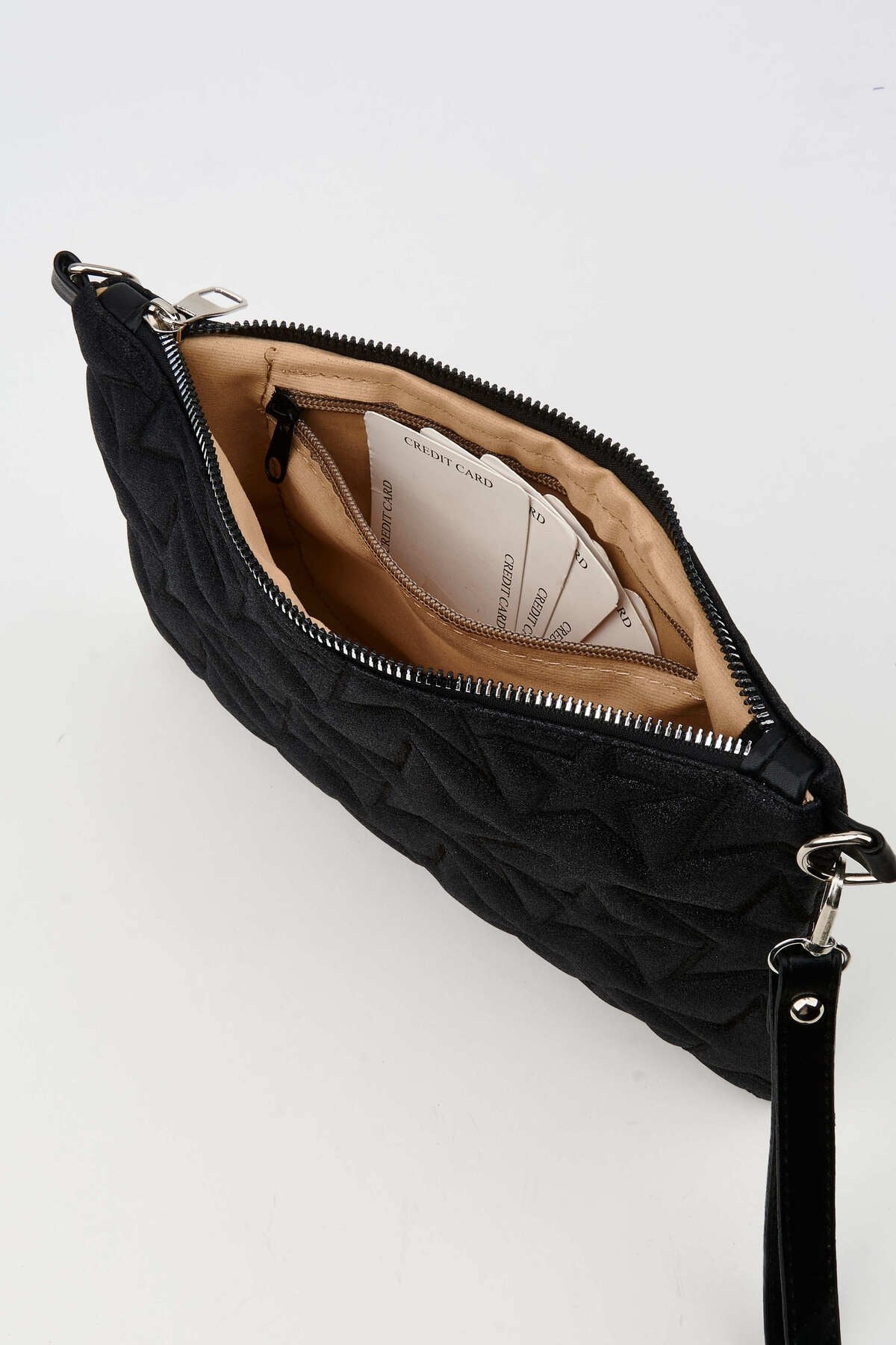 Kadın Siyah Simli Yıldız Nakışlı Suni Deri Bilek Ve Zincir Askılı Portföy El Ve Clutch Çanta