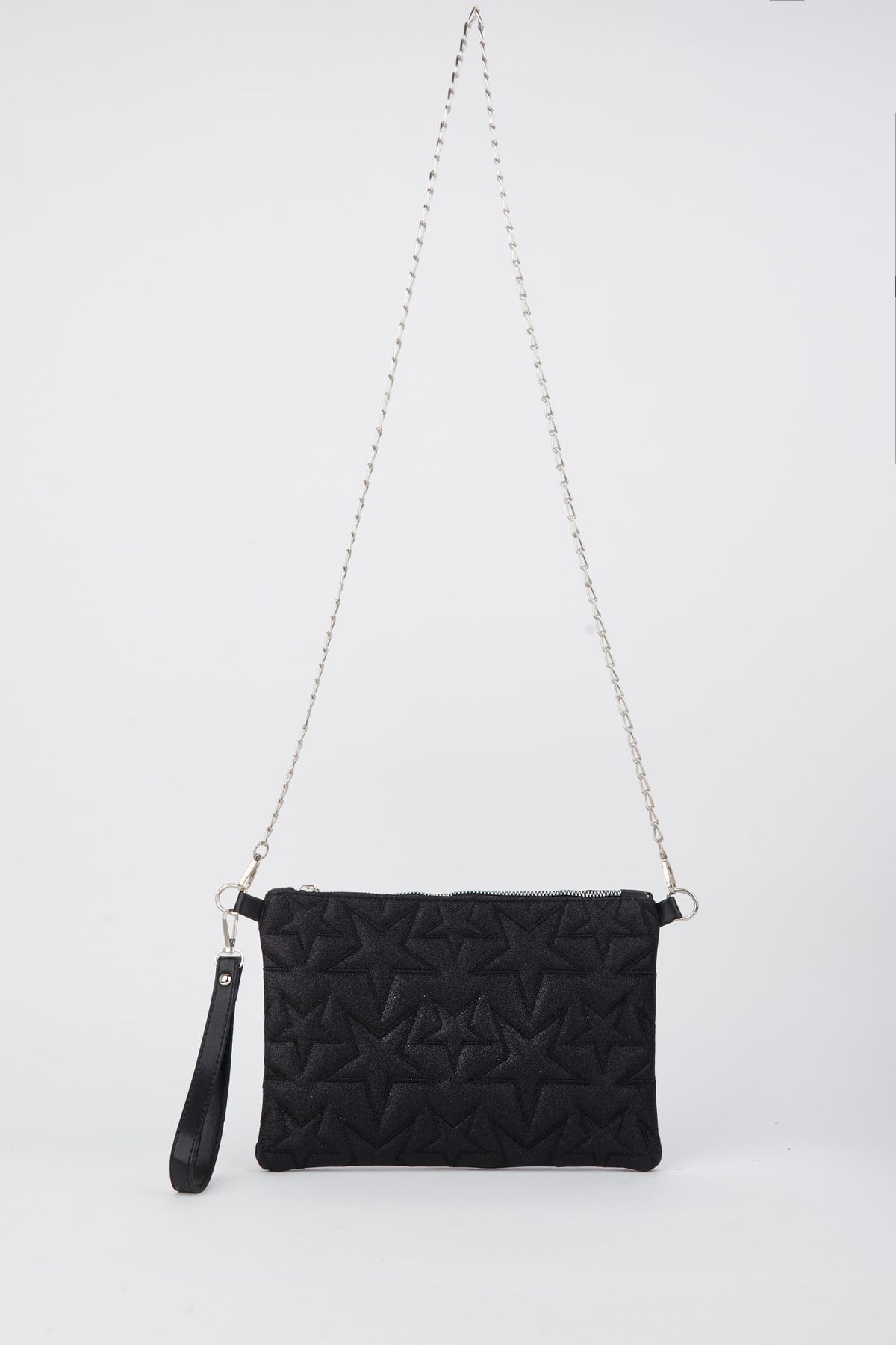 Kadın Siyah Simli Yıldız Nakışlı Suni Deri Bilek Ve Zincir Askılı Portföy El Ve Clutch Çanta