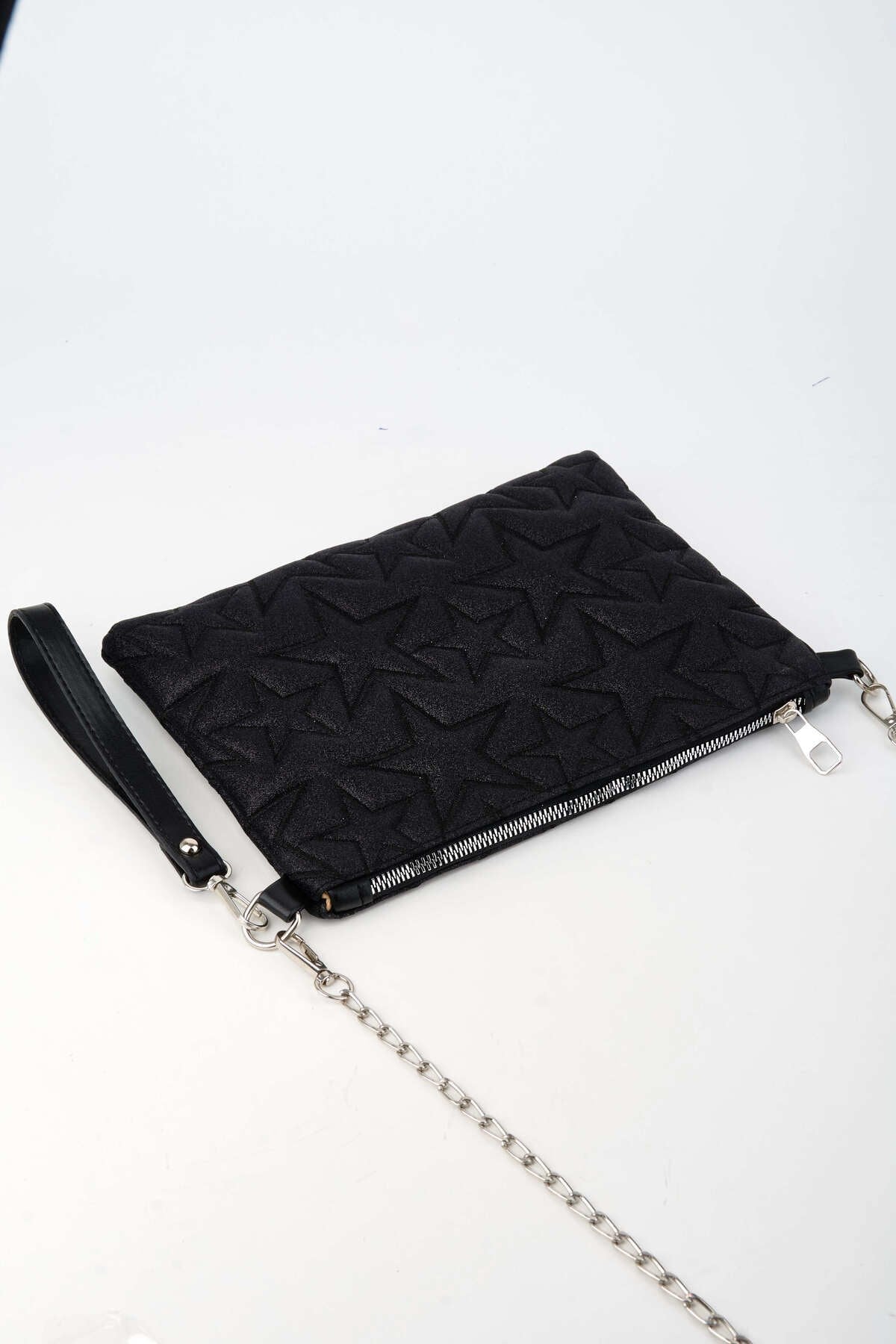 Kadın Siyah Simli Yıldız Nakışlı Suni Deri Bilek Ve Zincir Askılı Portföy El Ve Clutch Çanta