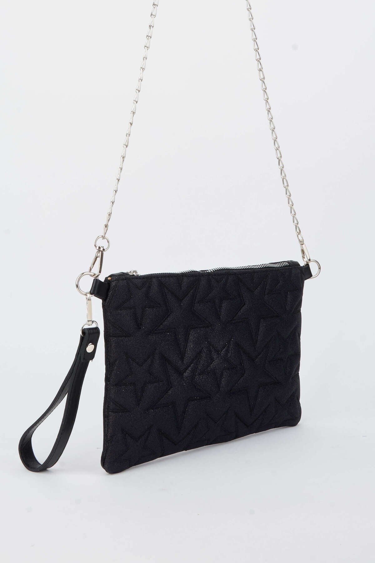 Kadın Siyah Simli Yıldız Nakışlı Suni Deri Bilek Ve Zincir Askılı Portföy El Ve Clutch Çanta