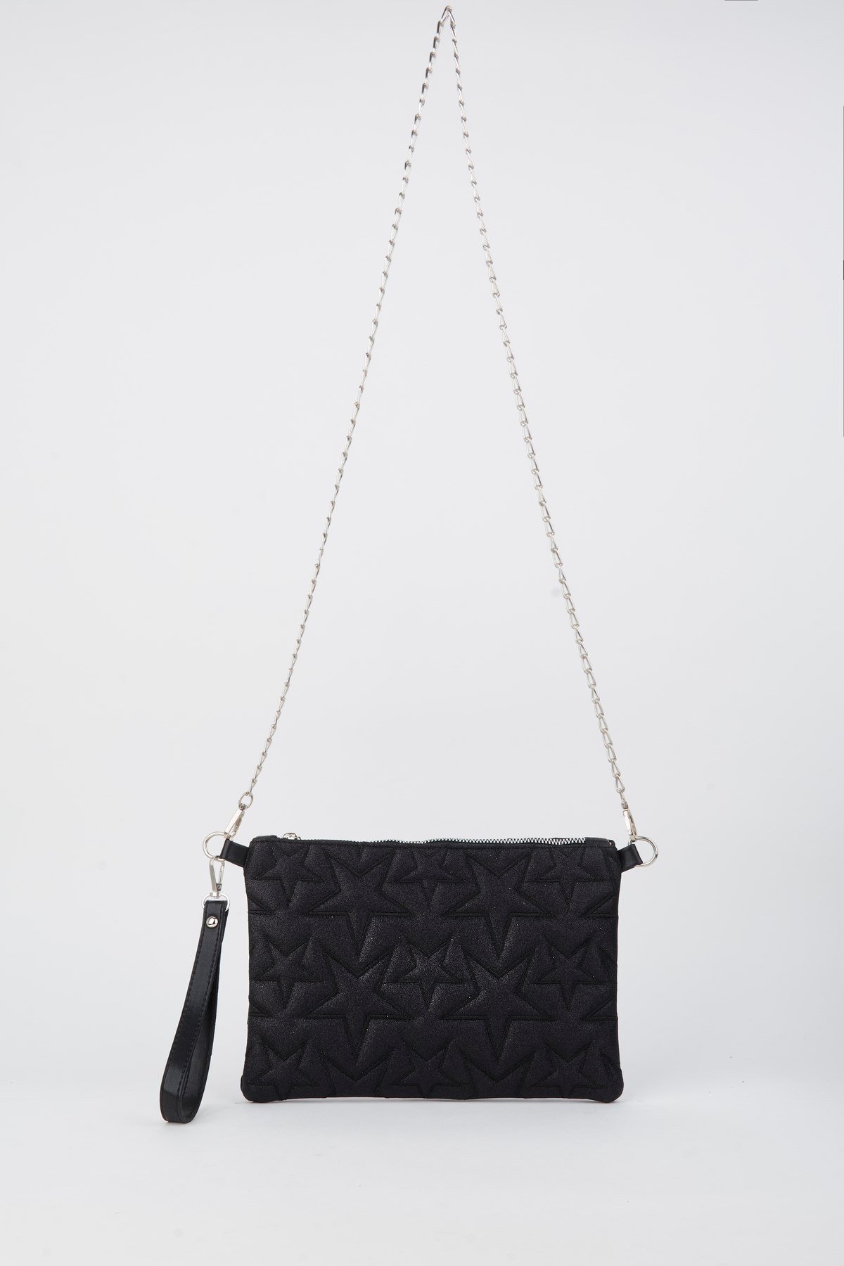 Kadın Siyah Simli Yıldız Nakışlı Suni Deri Bilek Ve Zincir Askılı Portföy El Ve Clutch Çanta