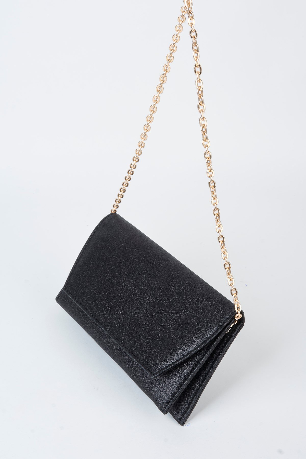Kadın Siyah Simli Zarf Tasarım 2 Bölmeli Mini Zincir Askılı Çıt Çıt Kapama Clutch Ve El Çantası