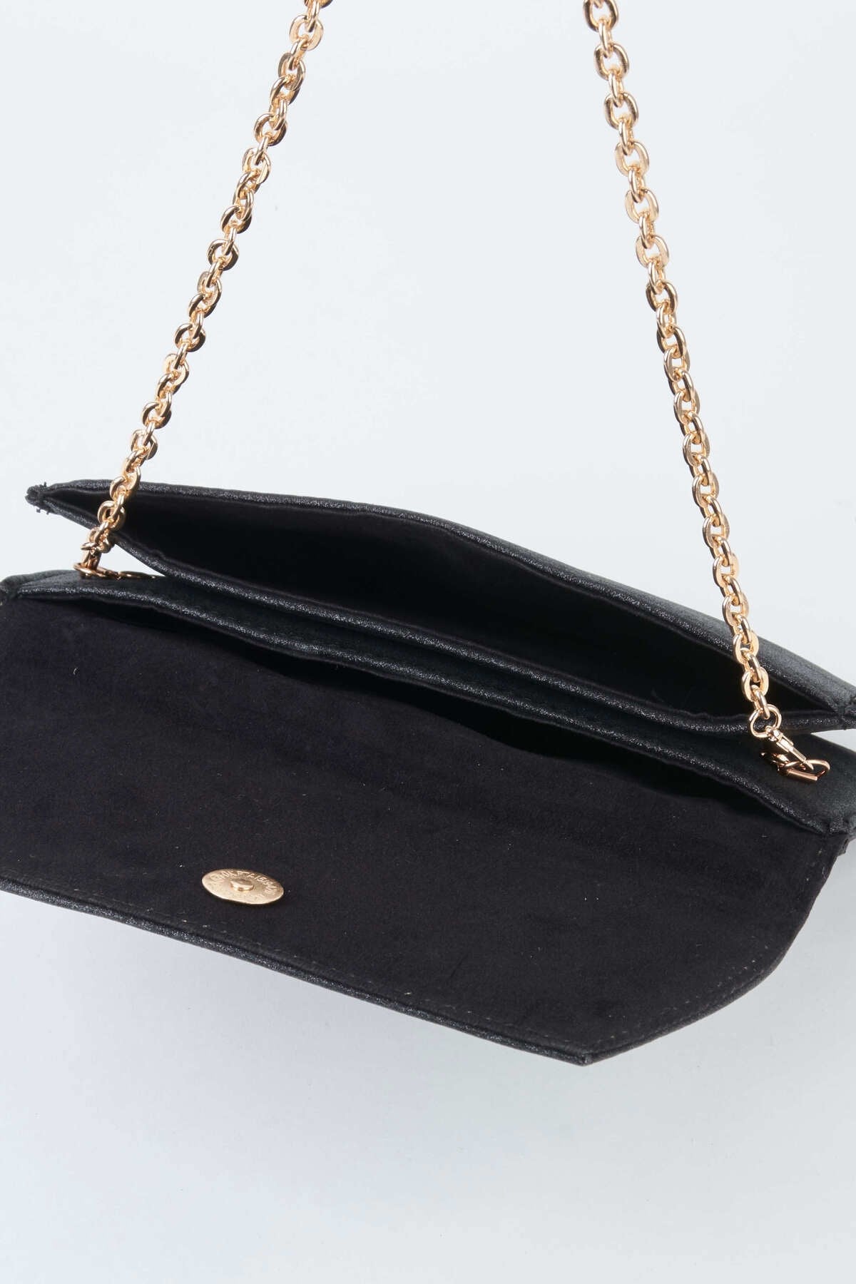 Kadın Siyah Simli Zarf Tasarım 2 Bölmeli Mini Zincir Askılı Çıt Çıt Kapama Clutch Ve El Çantası