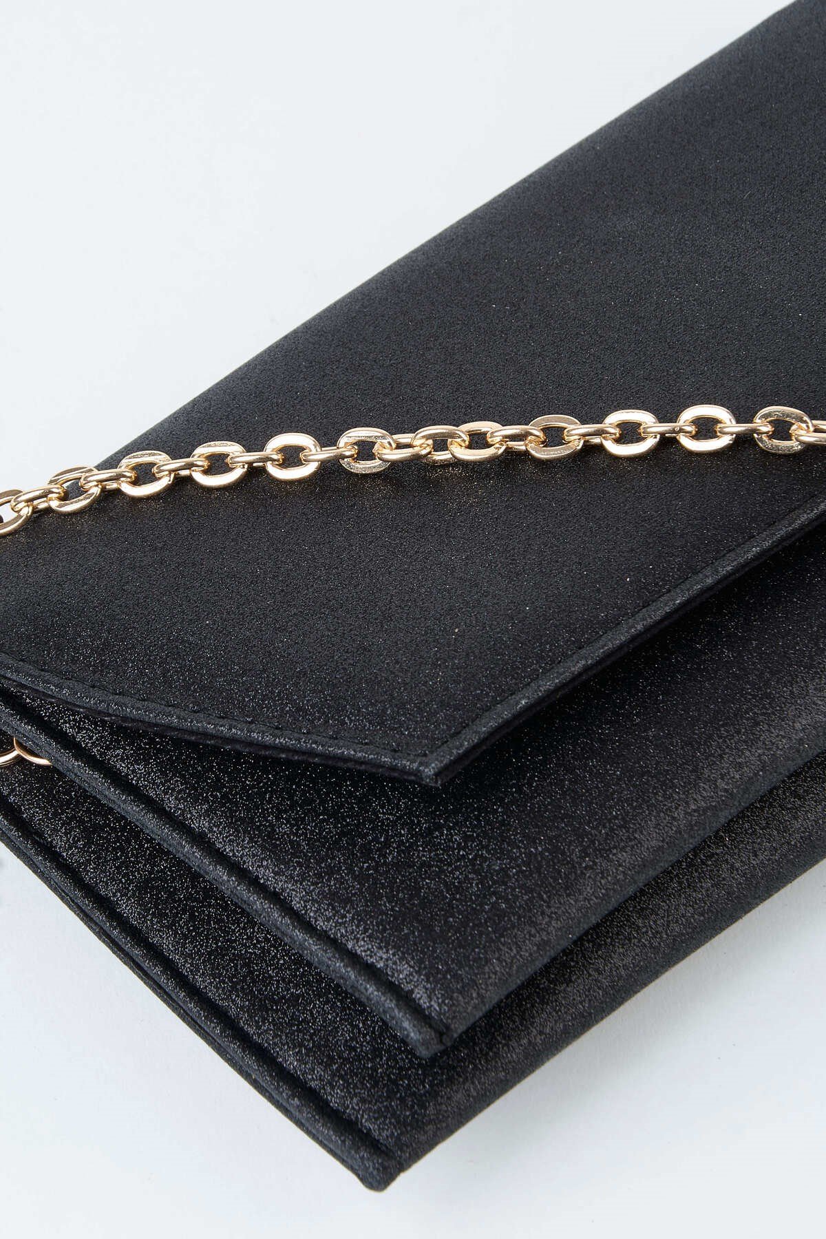 Kadın Siyah Simli Zarf Tasarım 2 Bölmeli Mini Zincir Askılı Çıt Çıt Kapama Clutch Ve El Çantası