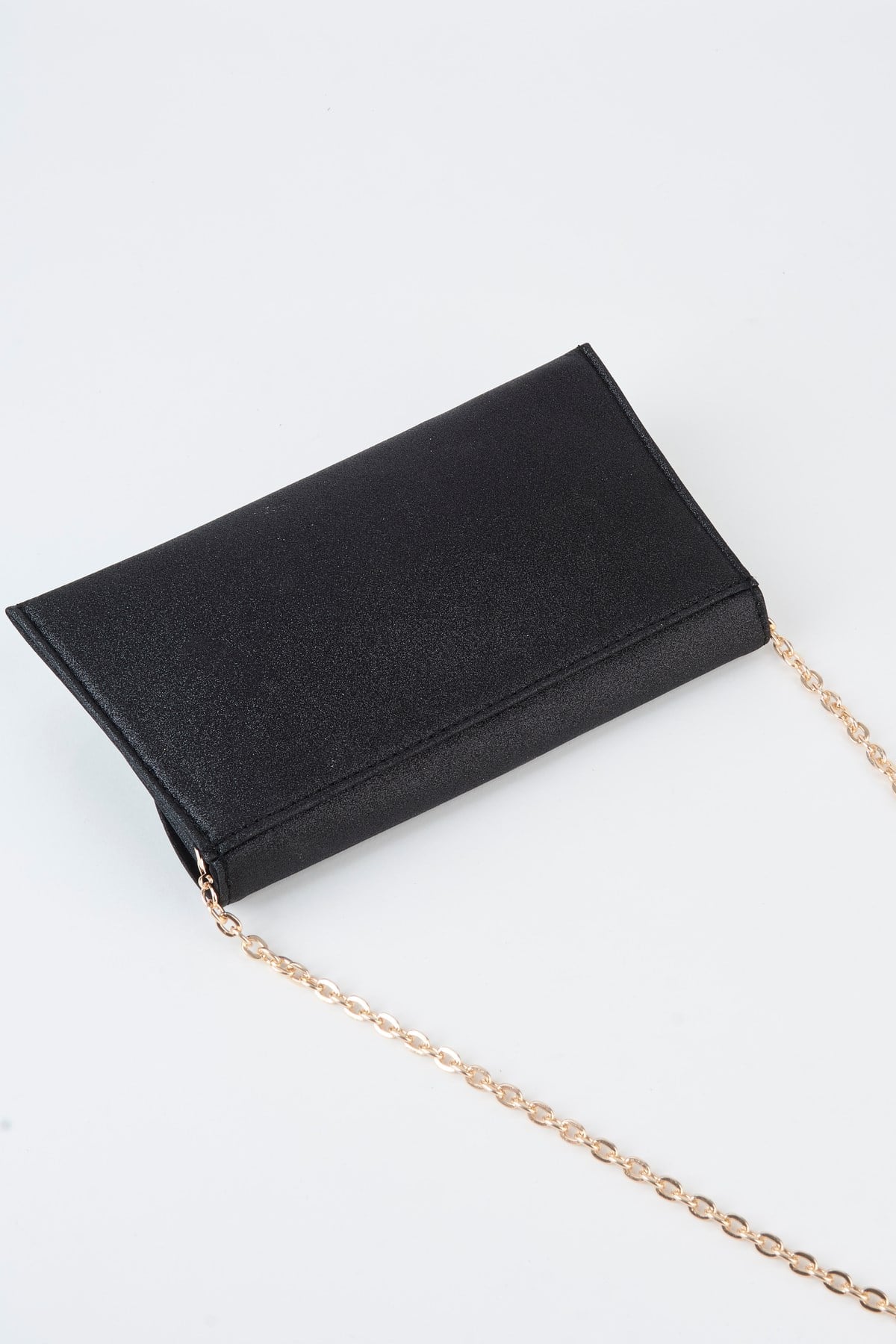 Kadın Siyah Simli Zarf Tasarım 2 Bölmeli Mini Zincir Askılı Çıt Çıt Kapama Clutch Ve El Çantası