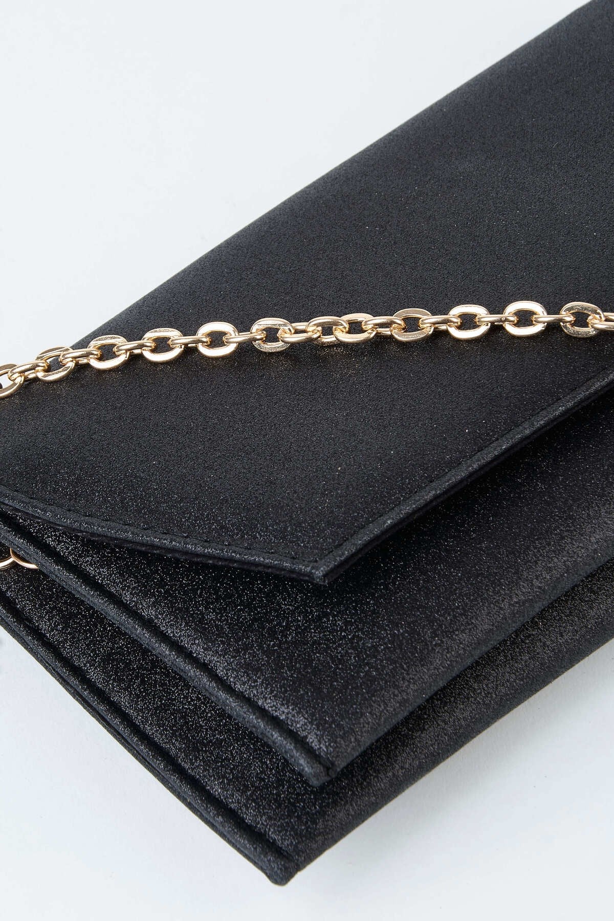 Kadın Siyah Simli Zarf Tasarım 2 Bölmeli Mini Zincir Askılı Çıt Çıt Kapama Clutch Ve El Çantası
