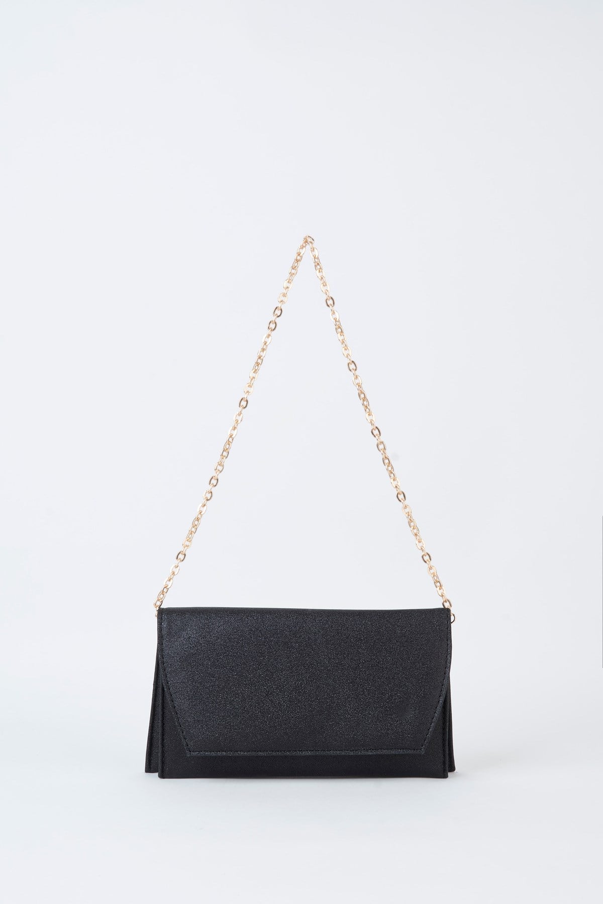 Kadın Siyah Simli Zarf Tasarım 2 Bölmeli Mini Zincir Askılı Çıt Çıt Kapama Clutch Ve El Çantası