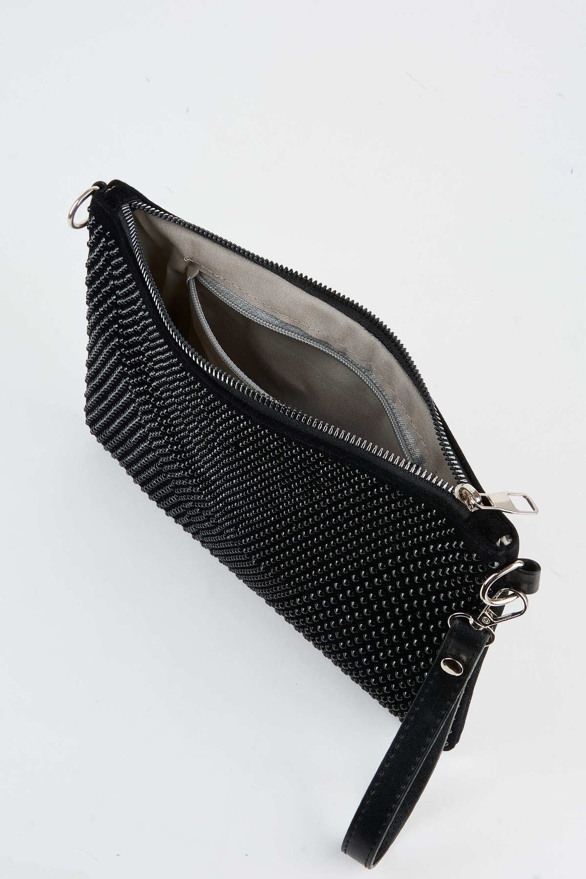 Kadın Siyah Taşlı Süet Bilek Askılı Ve Zincir Askılı Portföy El Ve Clutch Çanta