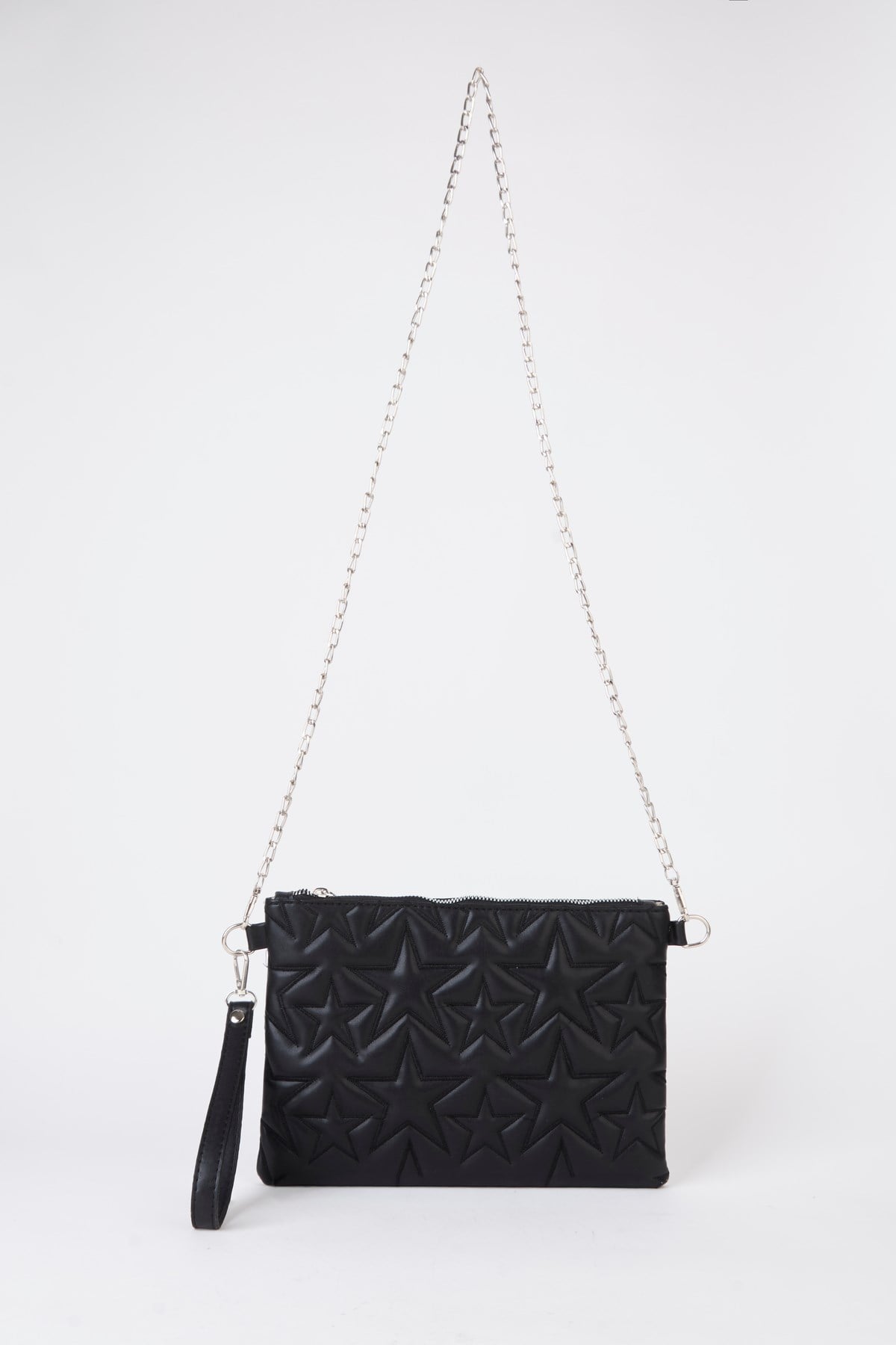 Kadın Siyah Yıldız Nakışlı Suni Deri Bilek Ve Zincir Askılı Portföy El Ve Clutch Çanta