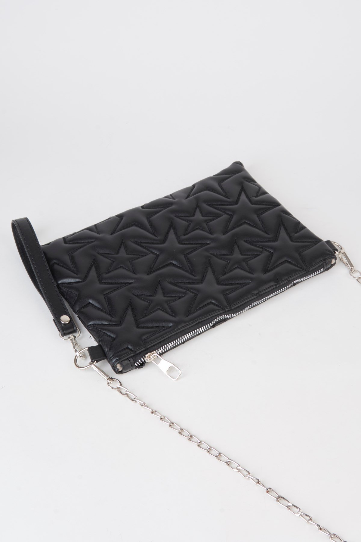 Kadın Siyah Yıldız Nakışlı Suni Deri Bilek Ve Zincir Askılı Portföy El Ve Clutch Çanta