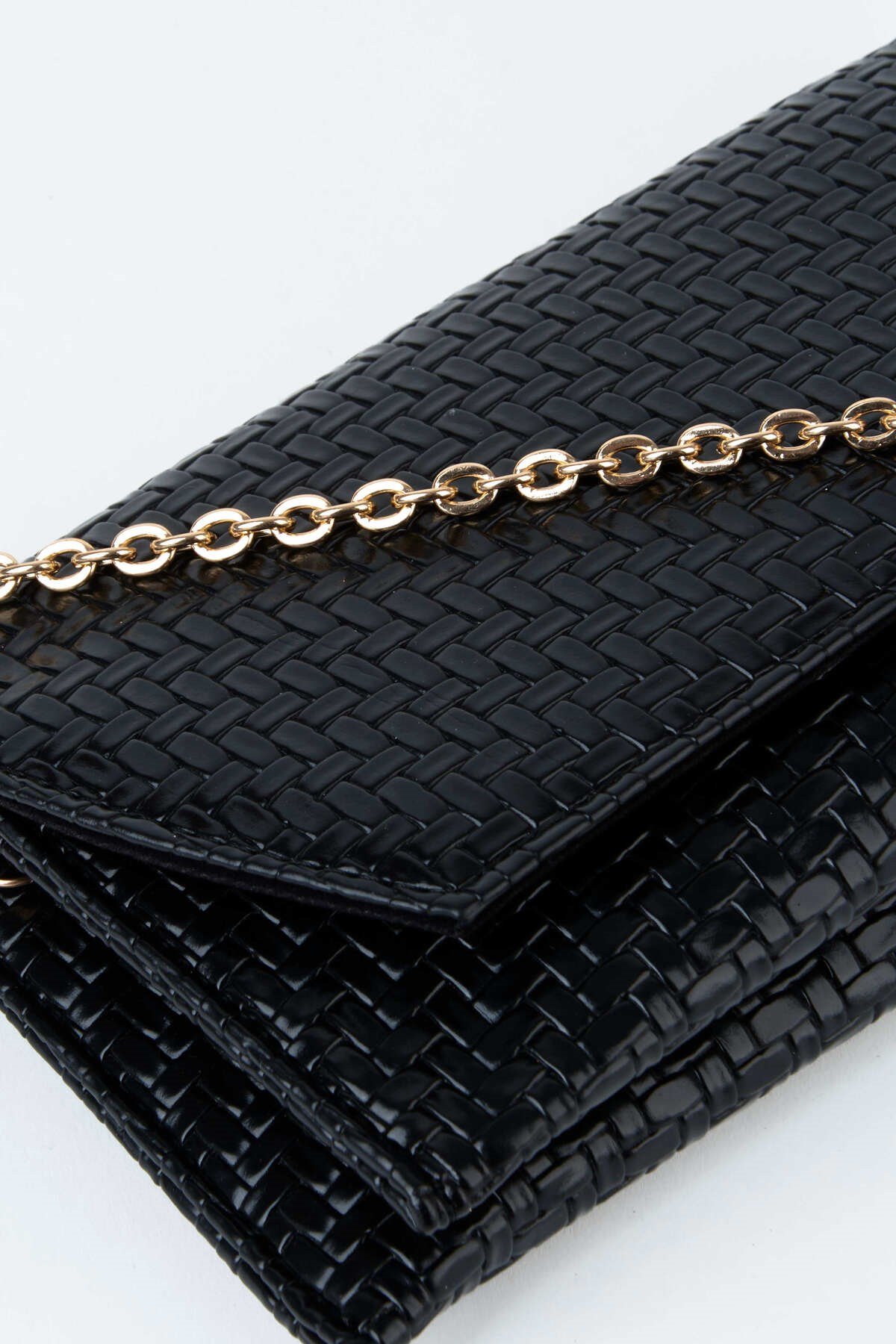 Kadın Siyah Zarf Hasır Örgü Tasarım 2 Bölmeli Mini Zincir Askılı Çıt Çıt Kapama Clutch Ve El Çantası