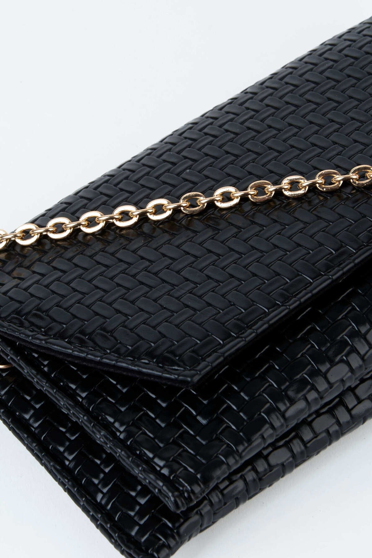 Kadın Siyah Zarf Hasır Örgü Tasarım 2 Bölmeli Mini Zincir Askılı Çıt Çıt Kapama Clutch Ve El Çantası