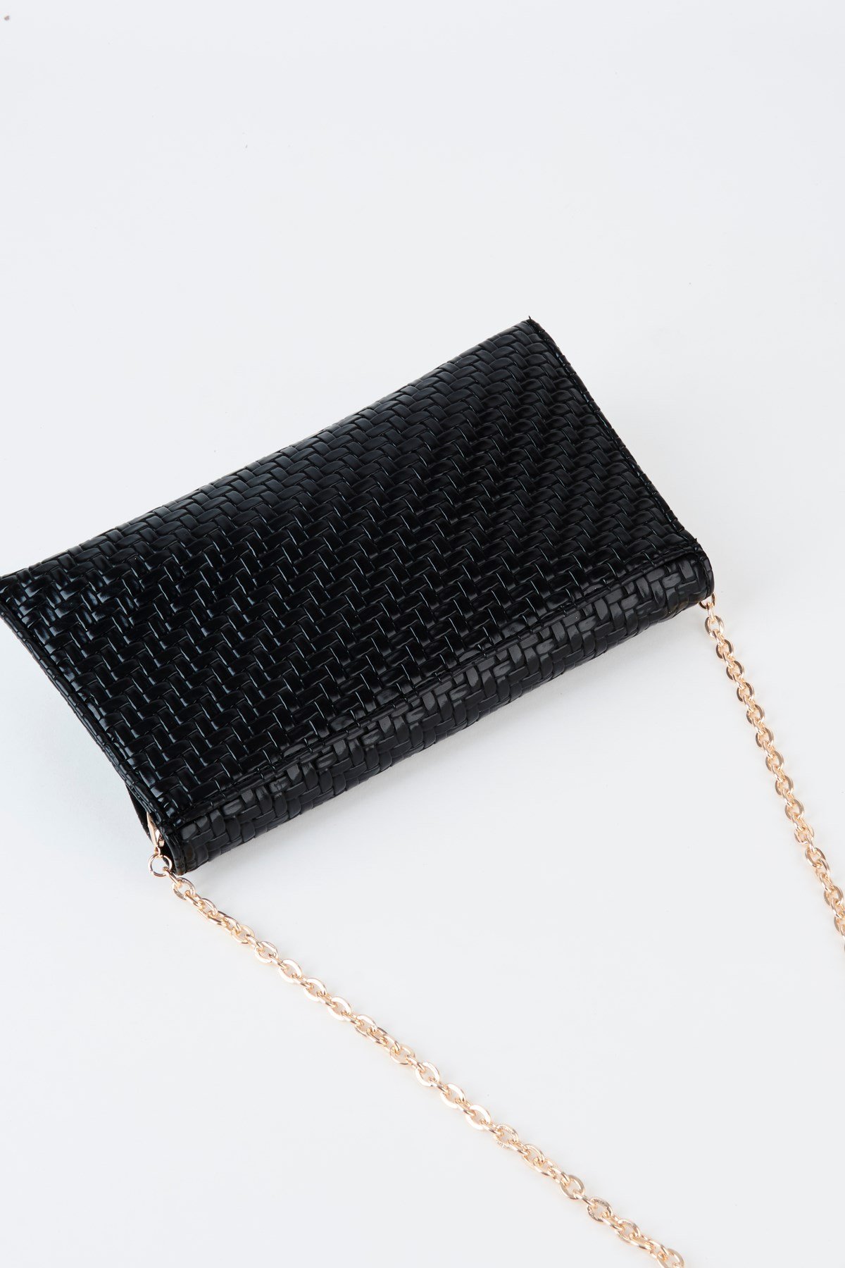 Kadın Siyah Zarf Hasır Örgü Tasarım 2 Bölmeli Mini Zincir Askılı Çıt Çıt Kapama Clutch Ve El Çantası
