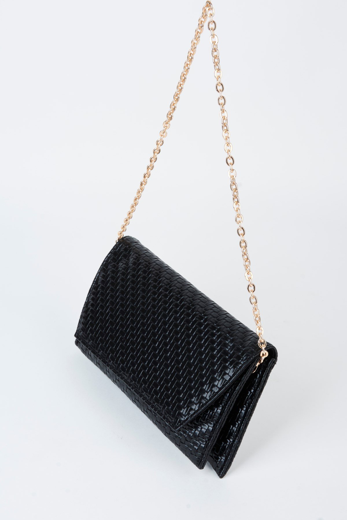 Kadın Siyah Zarf Hasır Örgü Tasarım 2 Bölmeli Mini Zincir Askılı Çıt Çıt Kapama Clutch Ve El Çantası