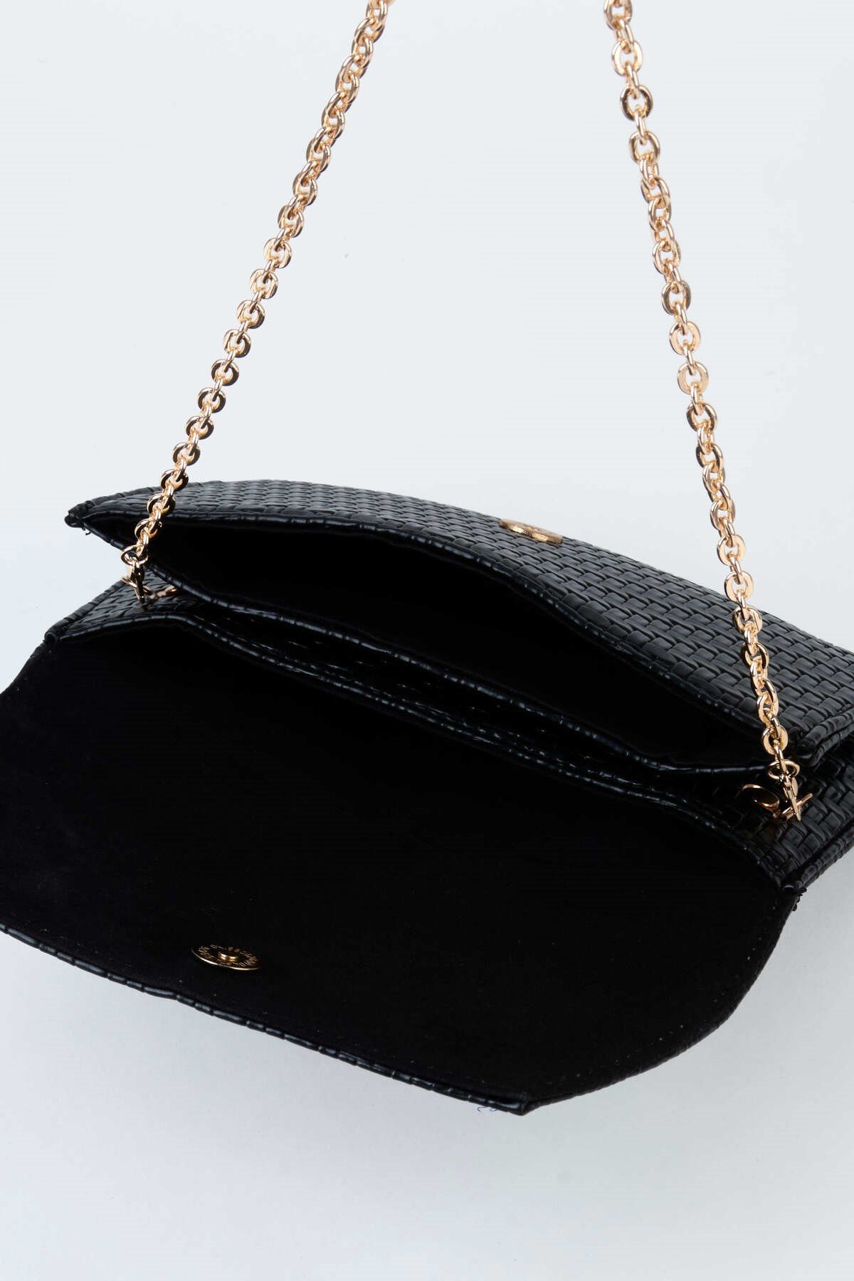 Kadın Siyah Zarf Hasır Örgü Tasarım 2 Bölmeli Mini Zincir Askılı Çıt Çıt Kapama Clutch Ve El Çantası