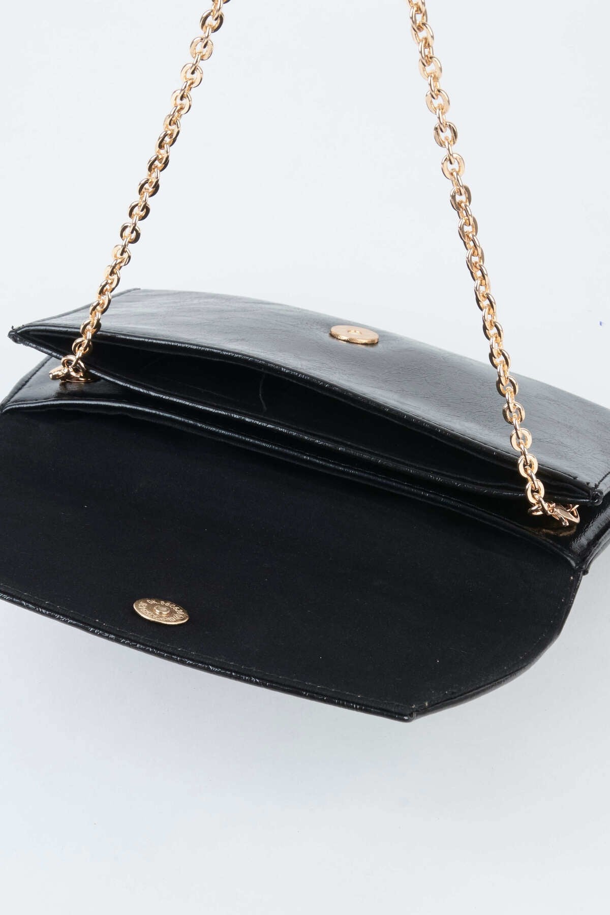 Kadın Siyah Zarf Tasarım 2 Bölmeli Mini Zincir Askılı Çıt Çıt Kapama Clutch Ve El Çantası
