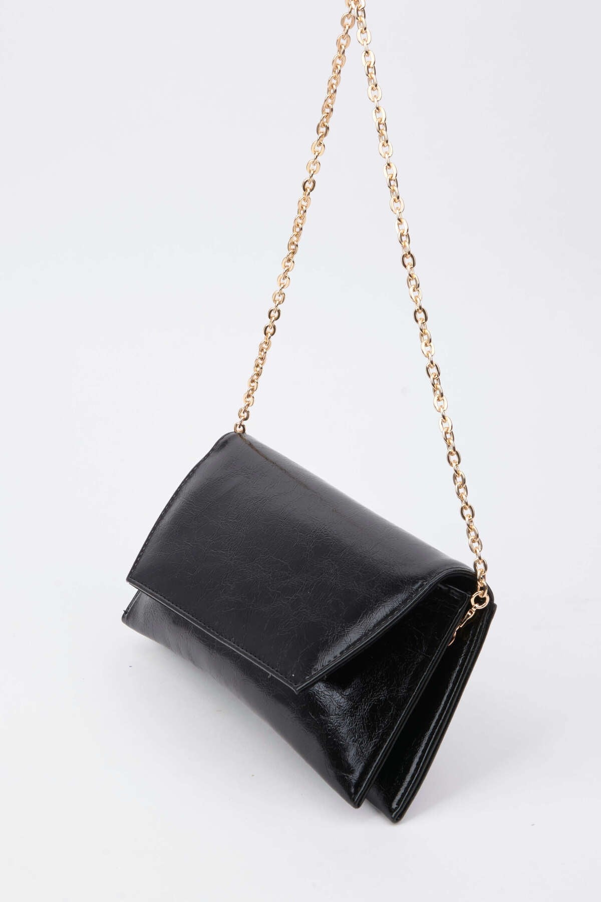 Kadın Siyah Zarf Tasarım 2 Bölmeli Mini Zincir Askılı Çıt Çıt Kapama Clutch Ve El Çantası