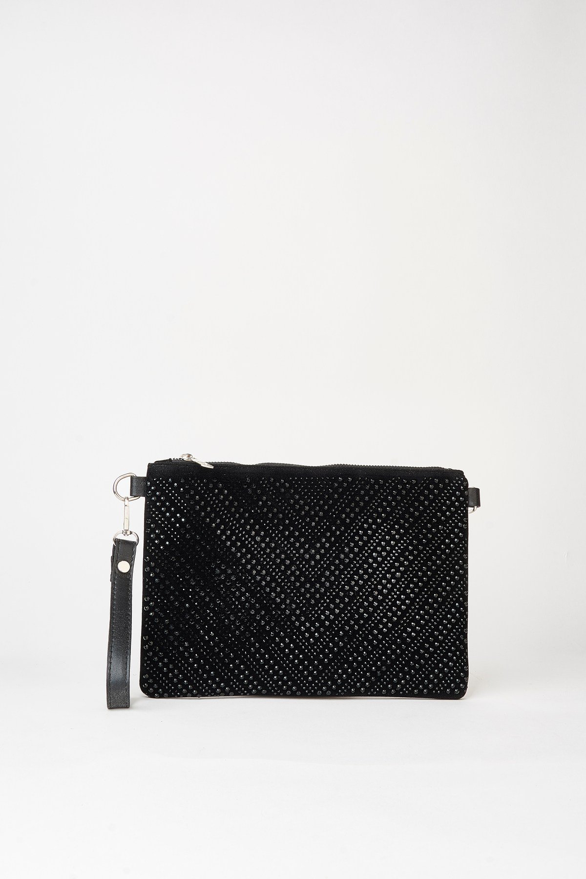 Kadın V Desen Siyah Taşlı Süet Bilek Askılı Ve Zincir Askılı Portföy El Ve Clutch Çanta