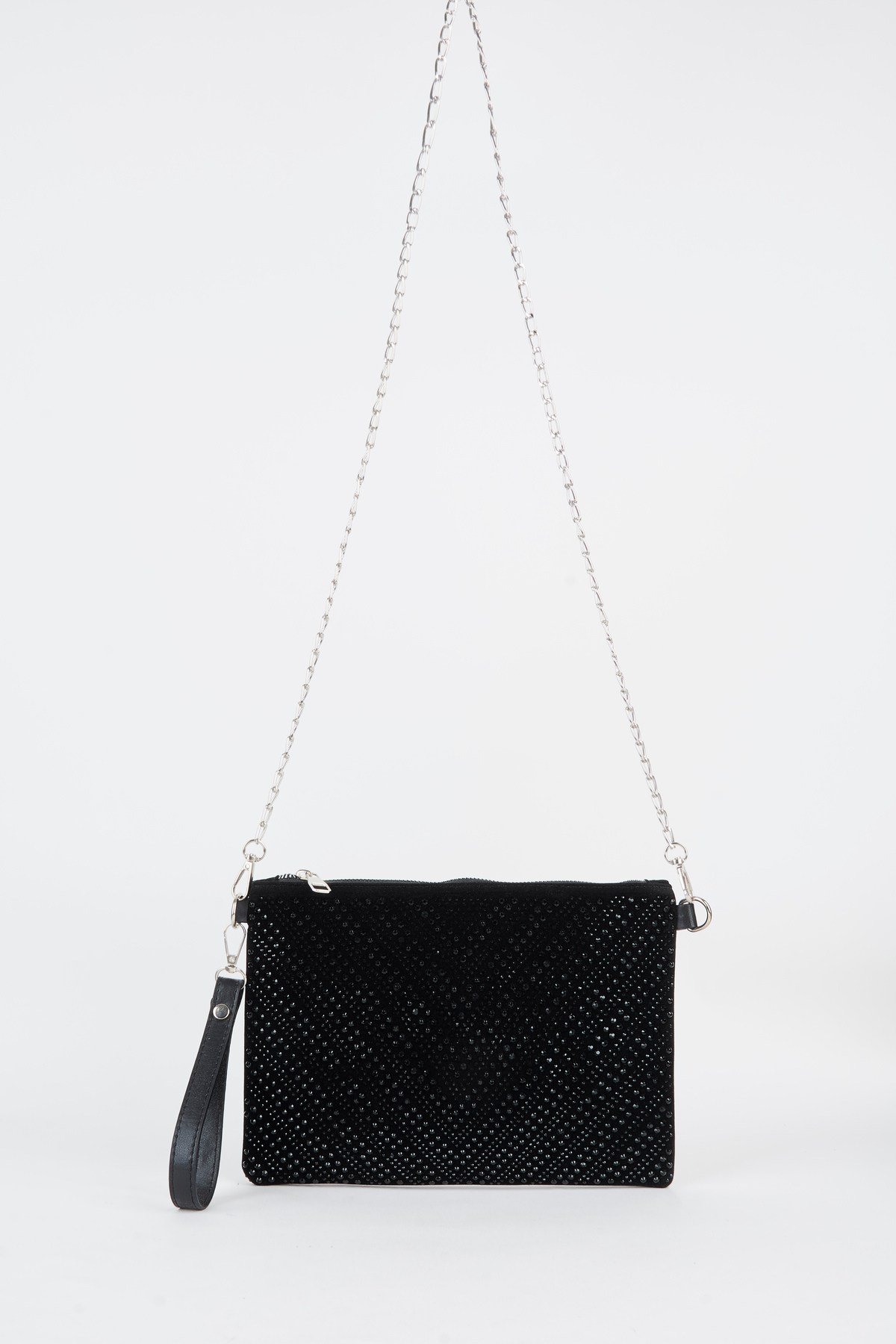 Kadın V Desen Siyah Taşlı Süet Bilek Askılı Ve Zincir Askılı Portföy El Ve Clutch Çanta
