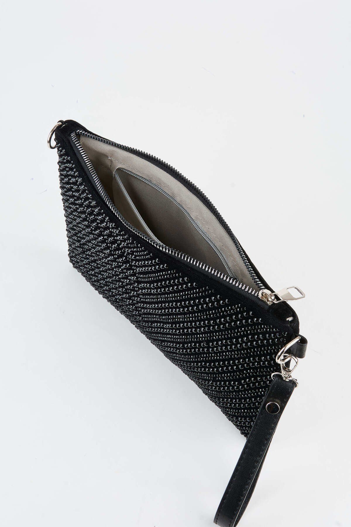 Kadın V Desen Siyah Taşlı Süet Bilek Askılı Ve Zincir Askılı Portföy El Ve Clutch Çanta