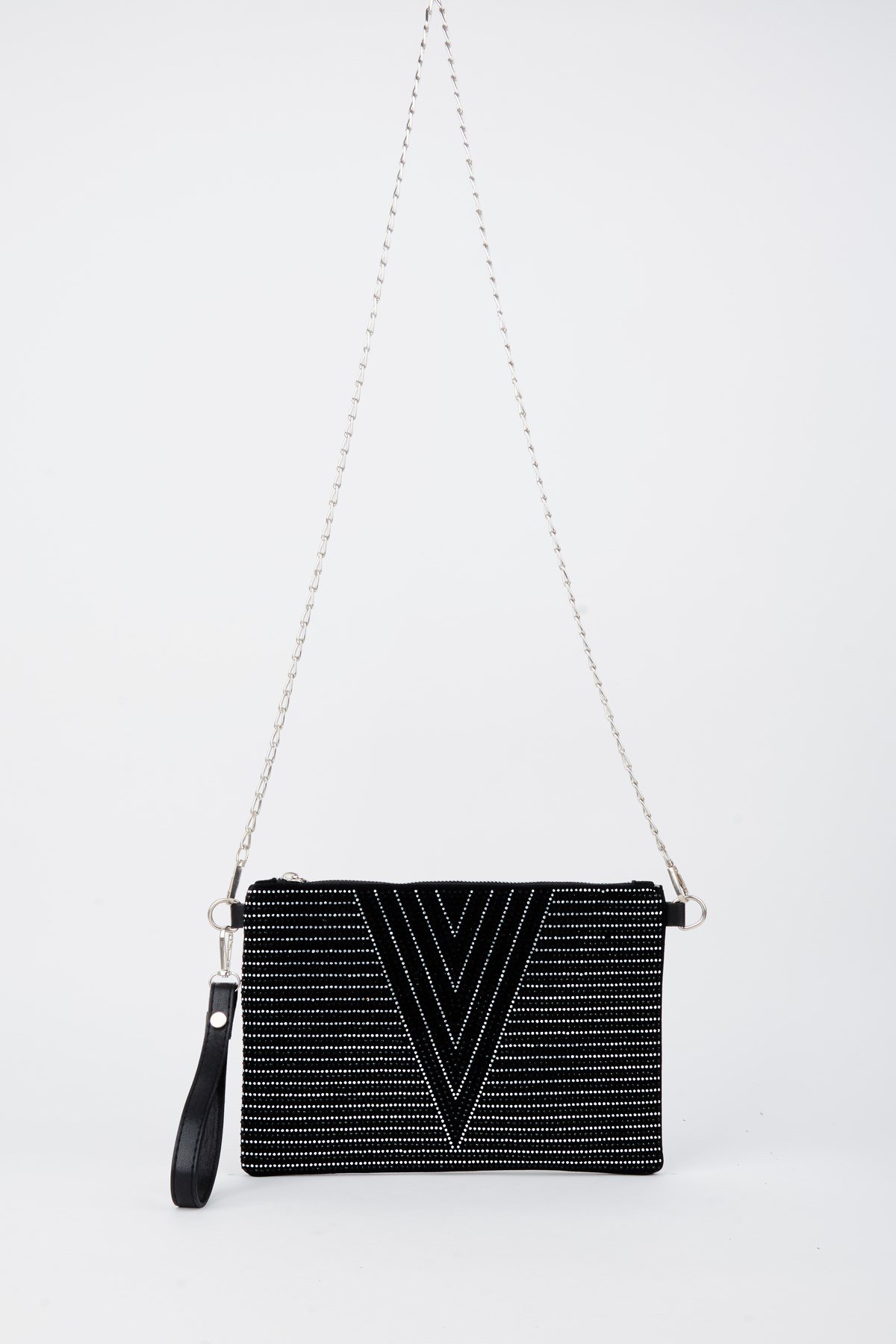 Kadın V Gümüş Taşlı Süet Bilek Askılı Ve Zincir Askılı Portföy El Ve Clutch Çanta