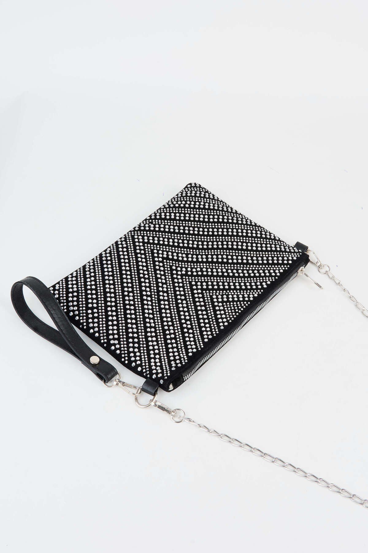 Kadın V Gümüş Taşlı Süet Bilek Askılı Ve Zincir Askılı Portföy El Ve Clutch Çanta