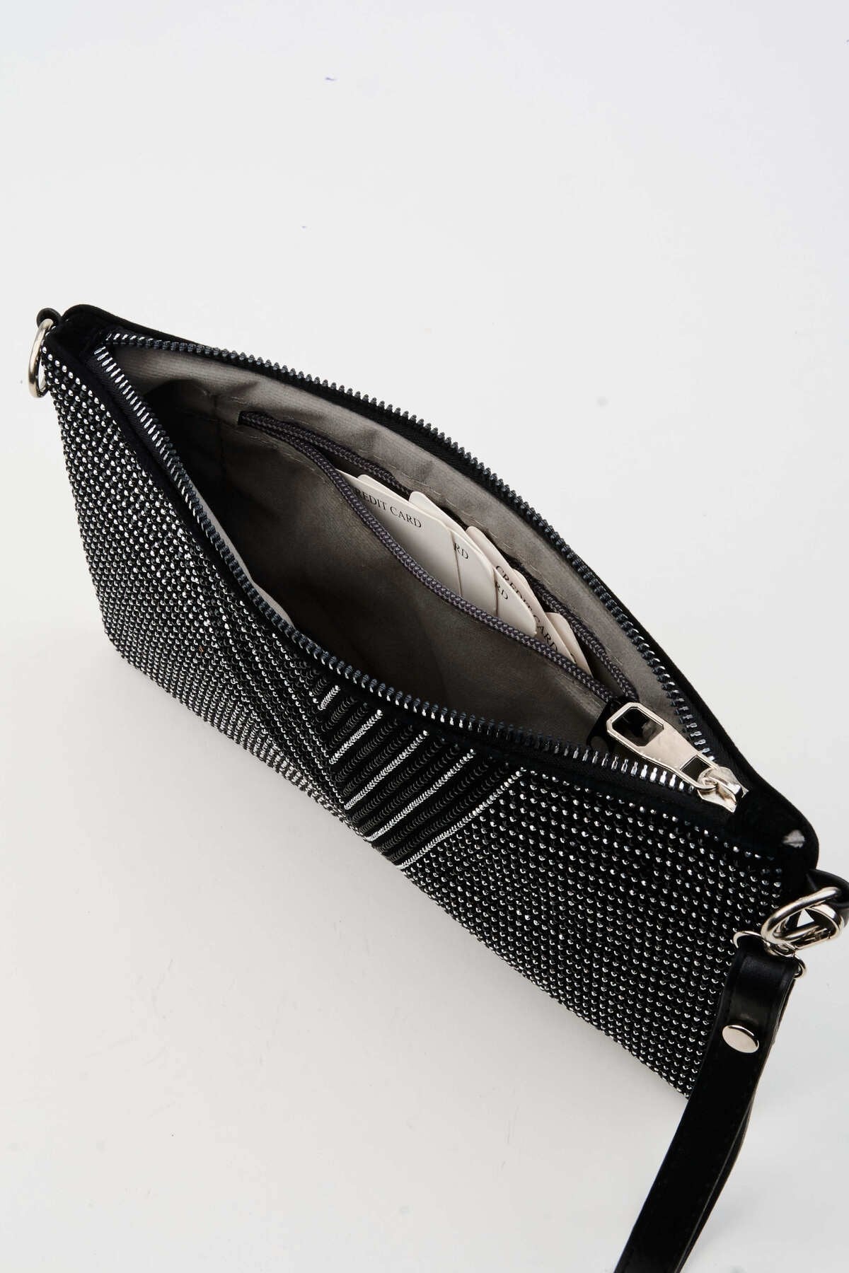 Kadın V Gümüş Taşlı Süet Bilek Askılı Ve Zincir Askılı Portföy El Ve Clutch Çanta