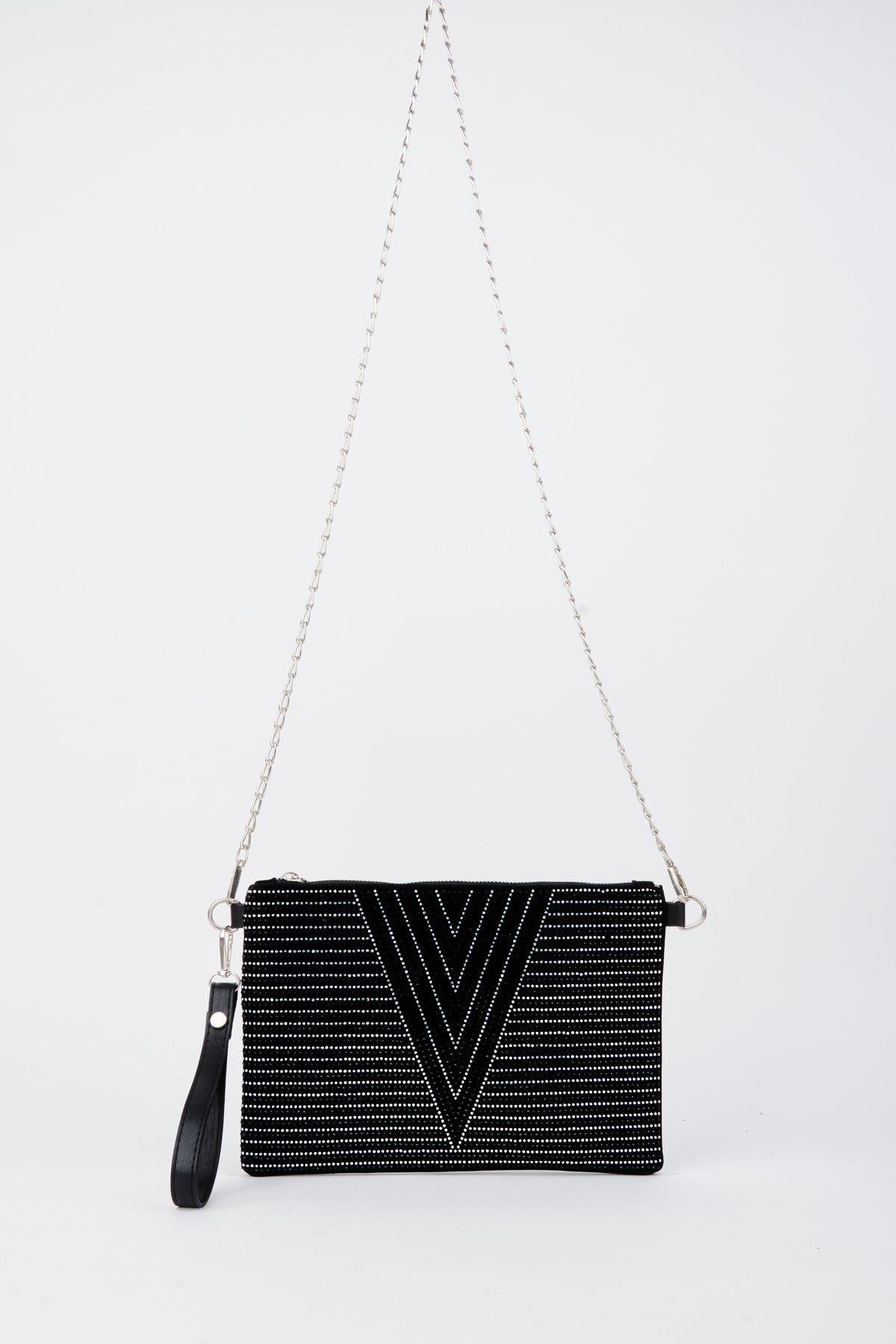 Kadın V Gümüş Taşlı Süet Bilek Askılı Ve Zincir Askılı Portföy El Ve Clutch Çanta