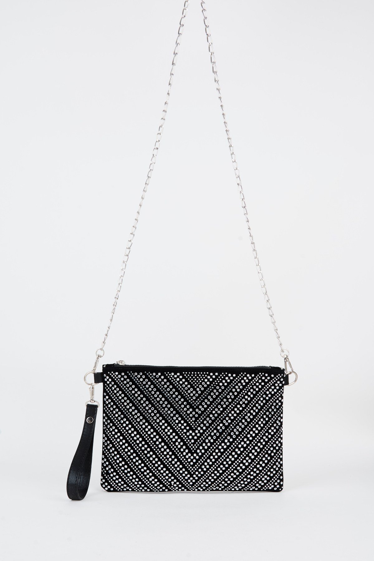 Kadın V Gümüş Taşlı Süet Bilek Askılı Ve Zincir Askılı Portföy El Ve Clutch Çanta