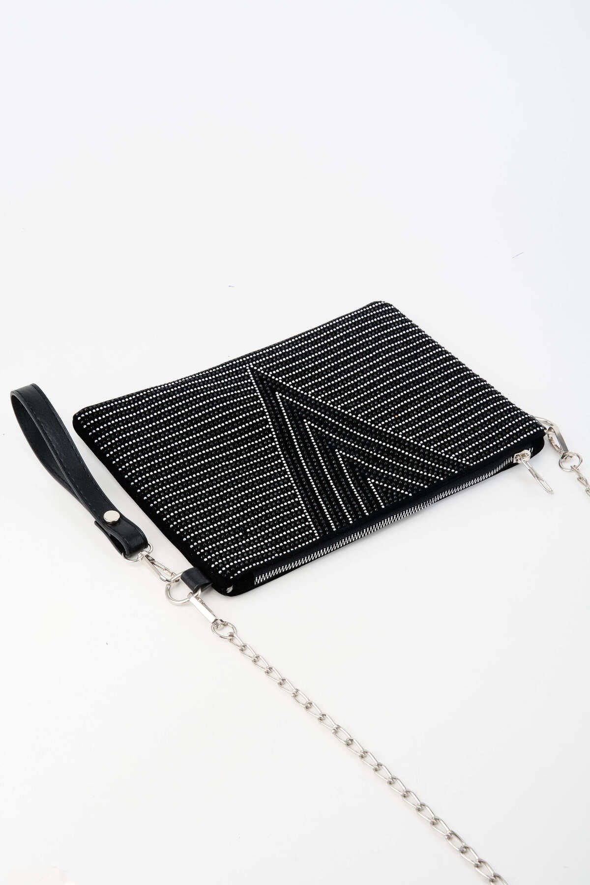 Kadın V Gümüş Taşlı Süet Bilek Askılı Ve Zincir Askılı Portföy El Ve Clutch Çanta