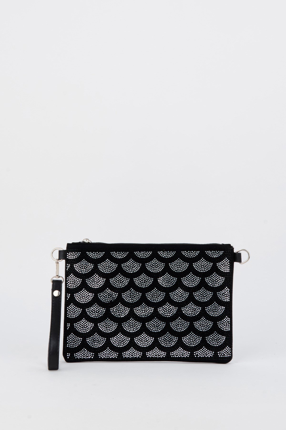 Kadın Yelpaze Gümüş Taşlı Süet Bilek Askılı Ve Zincir Askılı Portföy El Ve Clutch Çanta