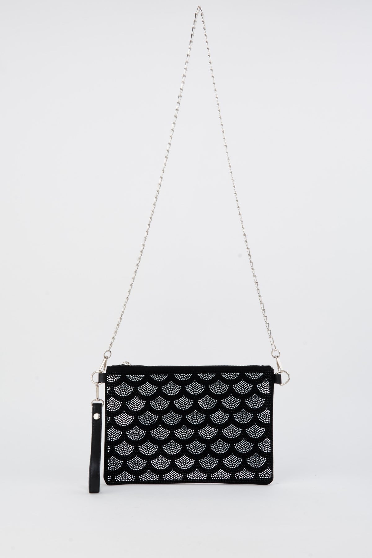 Kadın Yelpaze Gümüş Taşlı Süet Bilek Askılı Ve Zincir Askılı Portföy El Ve Clutch Çanta