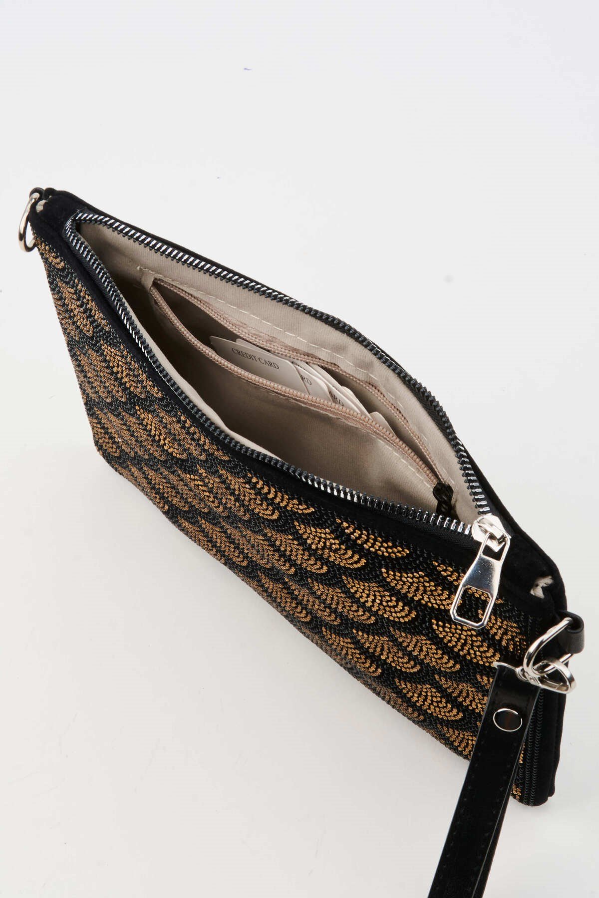 Kadın Yelpazer Altın Taşlı Süet Bilek Askılı Ve Zincir Askılı Portföy El Ve Clutch Çanta